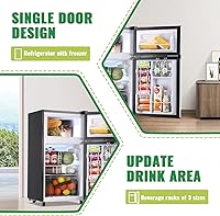 Vista 4 de WANAI Mini refrigerador con congelador, refrigerador compacto de dos puertas con termostato ajustable de 7 ajustes, cajón para verduras y estantes