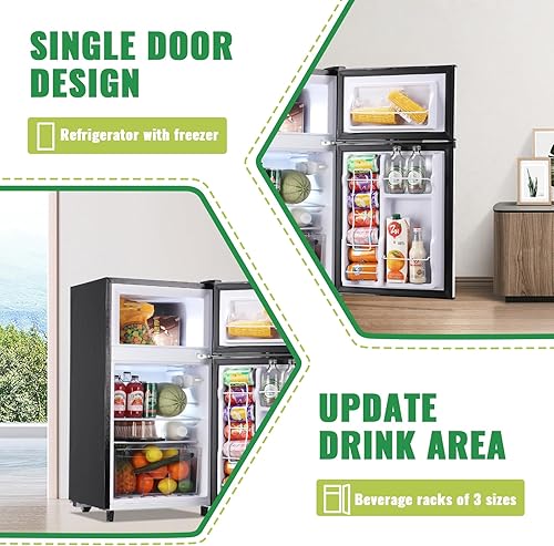 Miniatura 4 de WANAI Mini refrigerador con congelador, refrigerador compacto de dos puertas con termostato ajustable de 7 ajustes, cajón para verduras y estantes