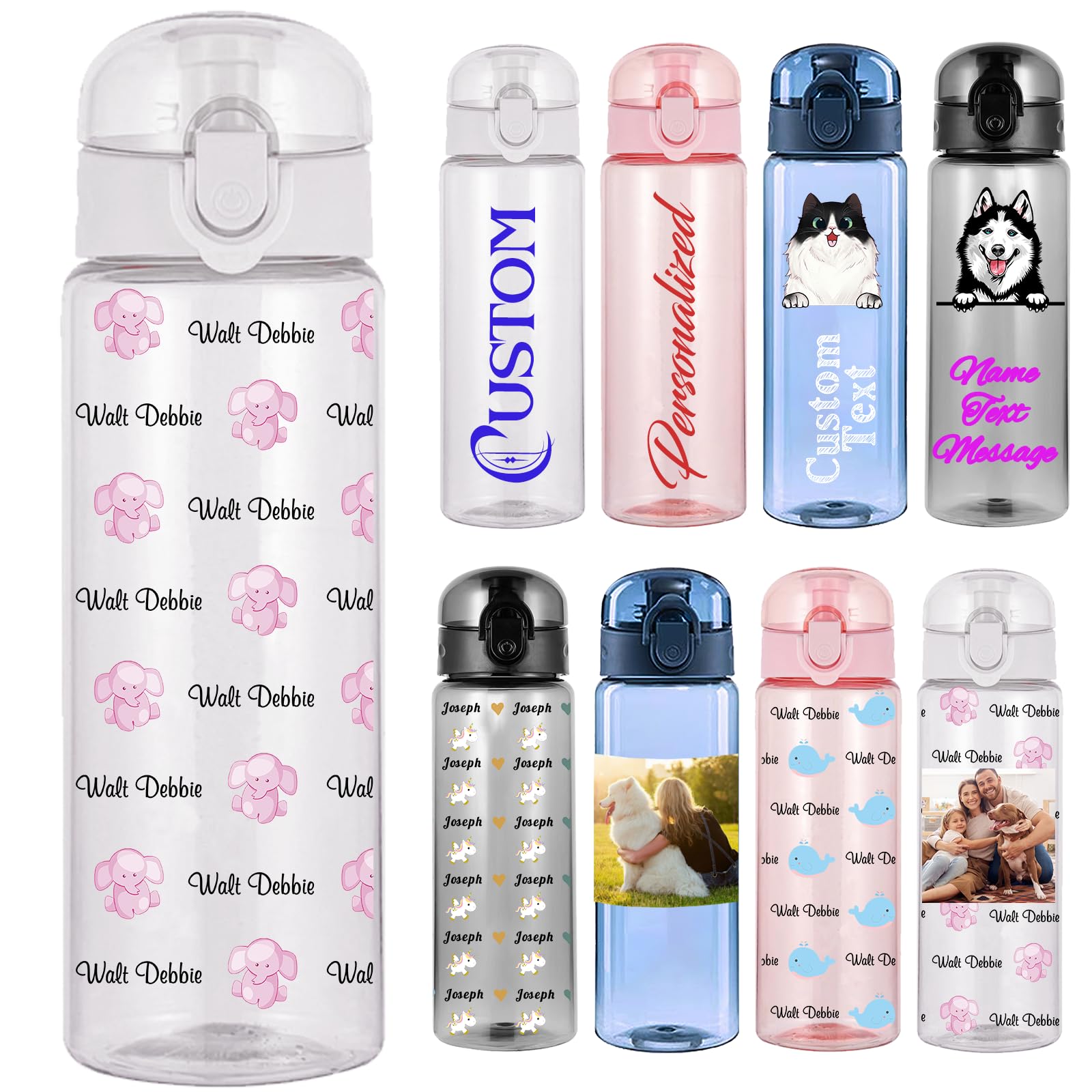 Xsersao 780ml Custom Water Bottle Personalised Plastic Bottle with Name Photo Printed Clear Bottle Gift for Girl Boy Adults Men Women Gym Sports, White | Full-Printed Text