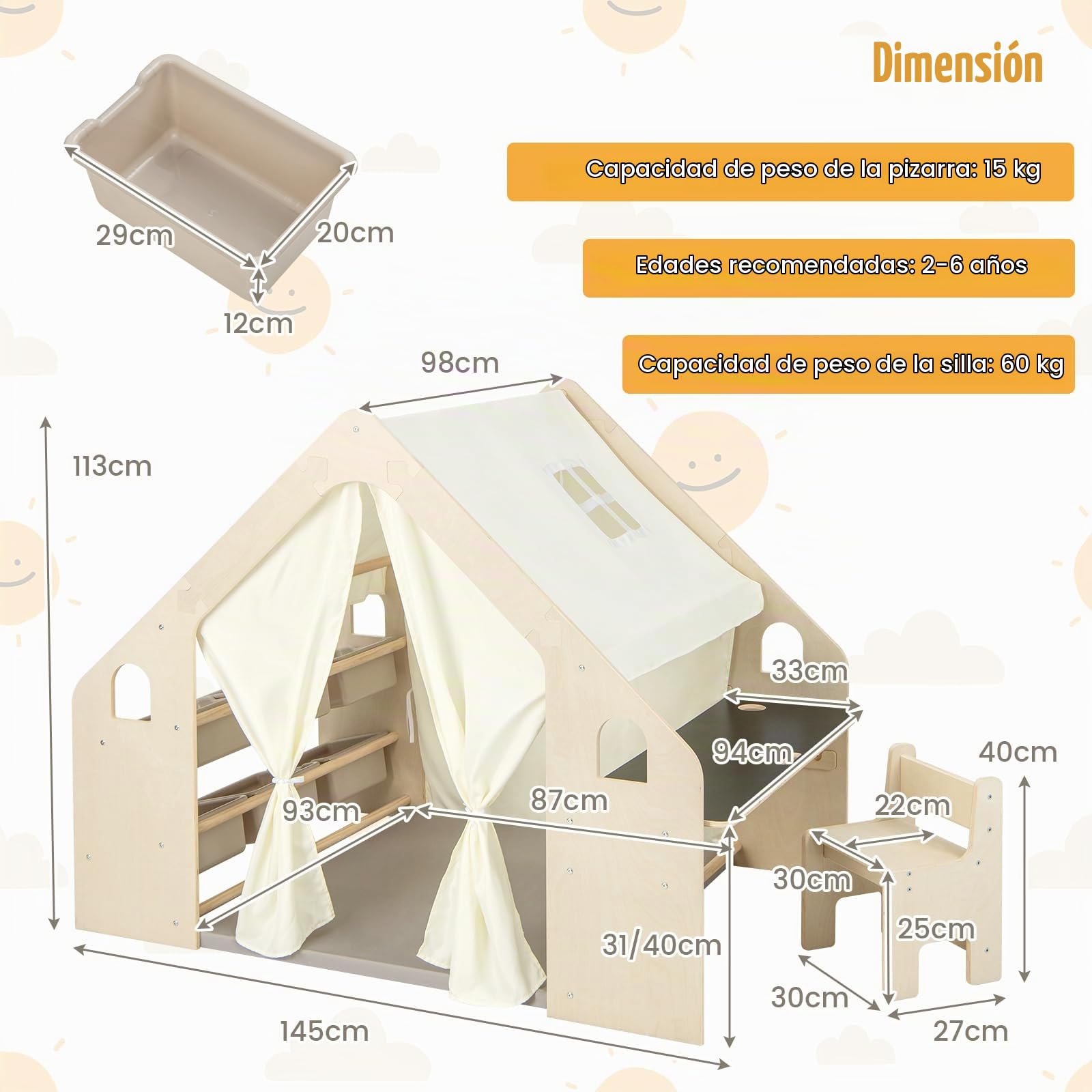 HOMASIS 5 en 1 Tienda de Campaña Infantil con Mesa y Silla, Tipi Infantil con Alfombrilla y Pizarra y Caja de Almacenamiento y Caja de tizas, para Niños de 2-6 Años (con 6 Caja)