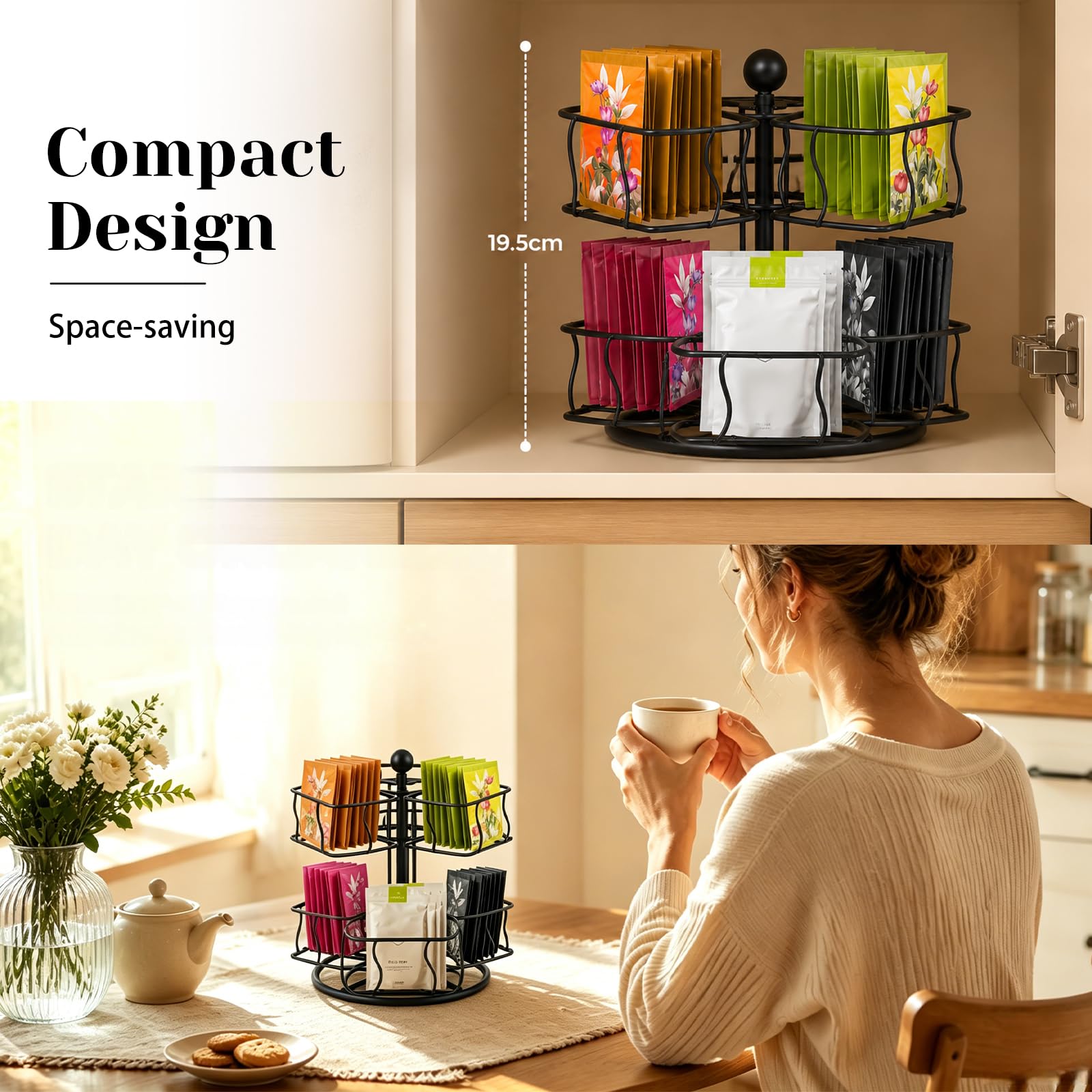 Organisateur Rotatif pour sachets de thé à 2 Niveaux, boîte à thé en métal avec 8 Compartiments, étagère de Rangement Polyvalente pour Le Bureau et Le Salon