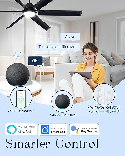 Miniatura 2 de Ventiladores de techo para exteriores de 60 pulgadas con luces y aspas de aluminio negro, ventilador de techo inteligente con control remoto Alexa
