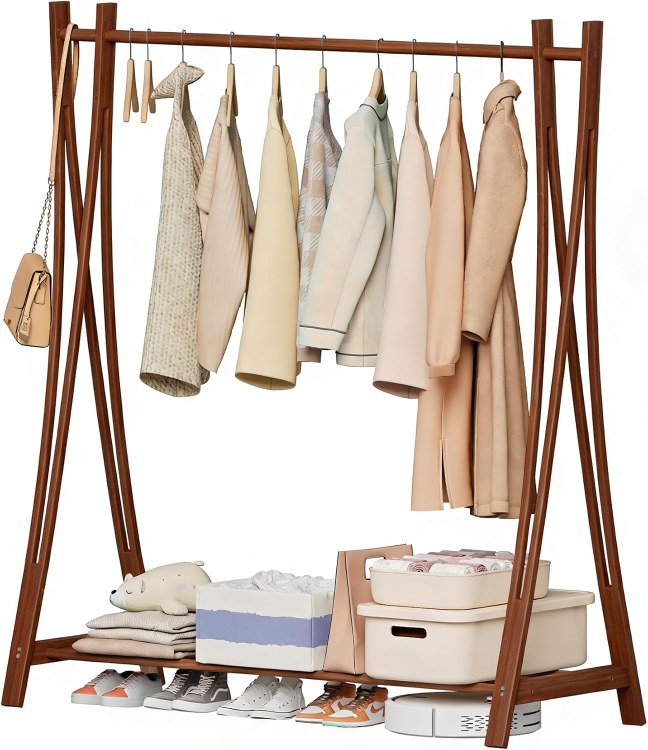 Wooden Retail Display Hanging Clothes Rack with Storage Shelf, 52" W x 57" H Freestanding Heavy Duty Clothing Drying Garment Rack for Hanging Clothes, Coat, Dress, Shirt, Hat