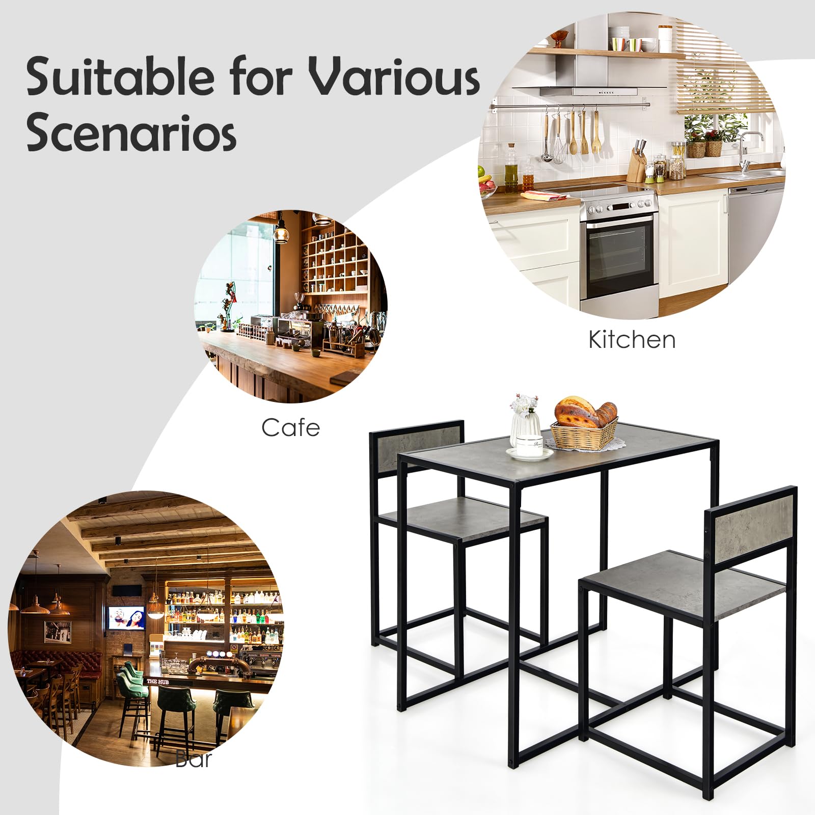 HOMASIS Set da pranzo da 3 pezzi, tavolo da bar con 2 sgabelli da bar, piccolo tavolo da bistrot con 2 sedie, set in legno e struttura in metallo, tavolo da cucina in design industriale per cucina e