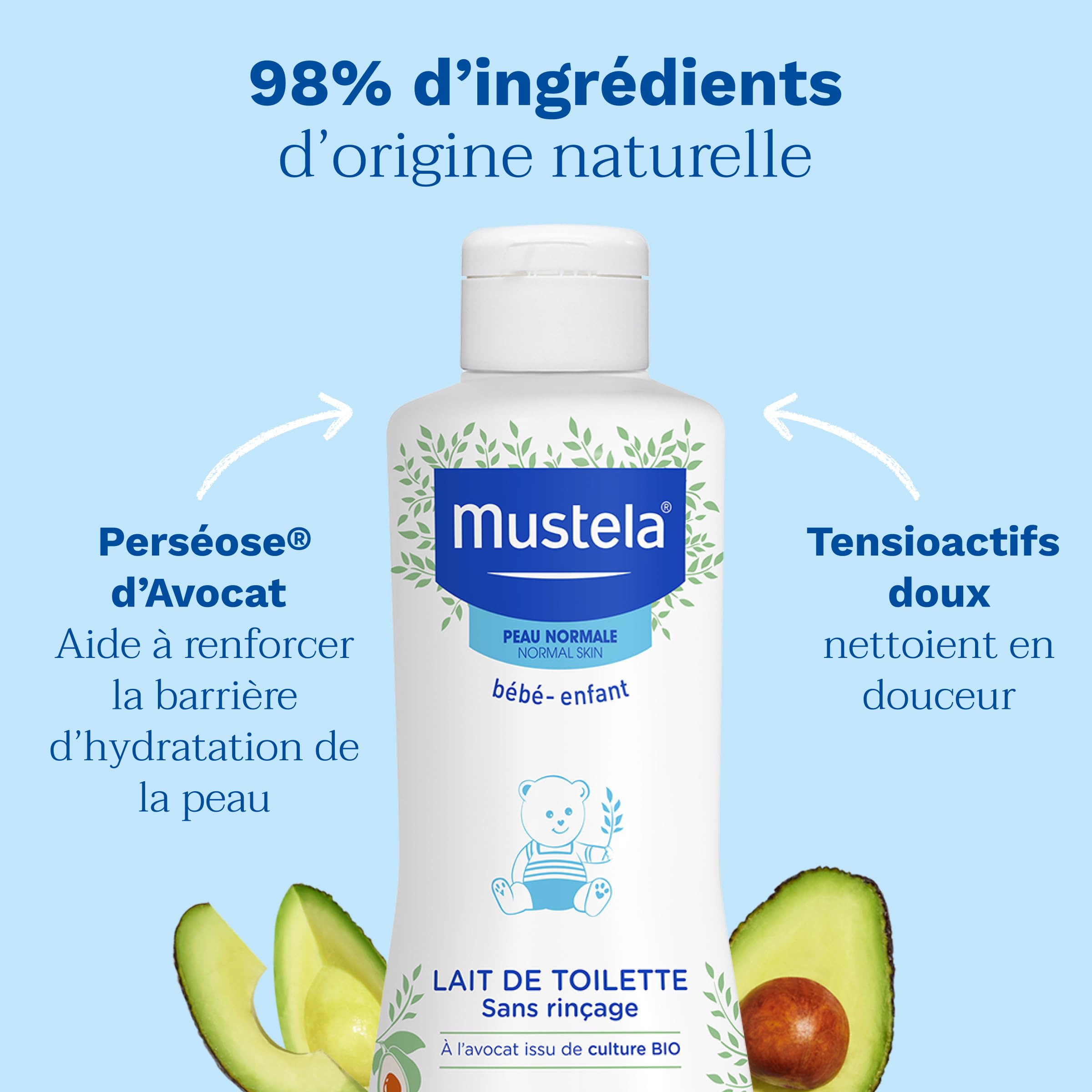Mustela - Lait de Toilette Bébé Sans Rinçage - Soin Nettoyant et Favorisant l'Hydratation - 98% d'ingrédients d'origine naturelle - Haute Tolérance - Hygiène Bébé Douce Visage et Siège - Peau Normale - 2