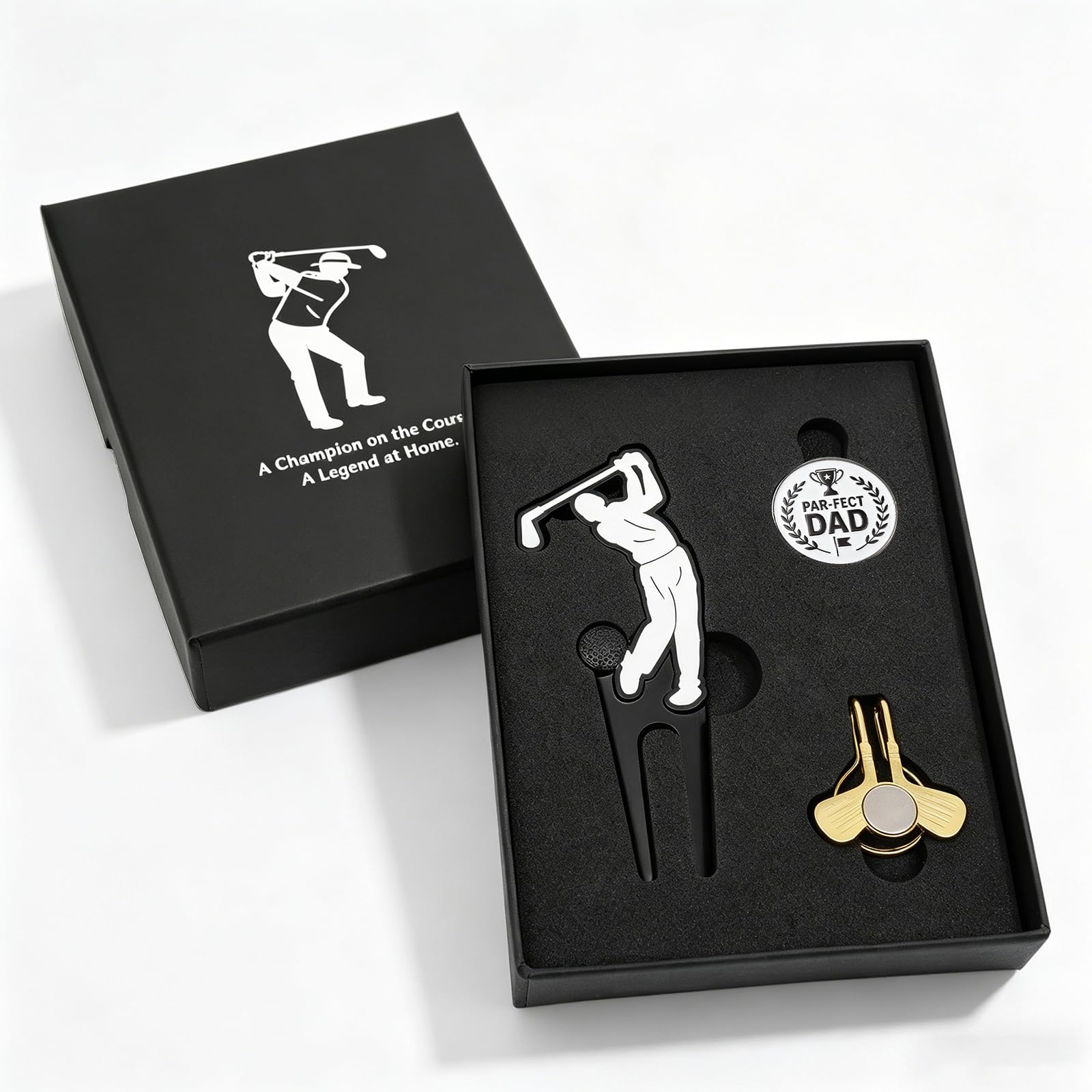Vocaris Father’s Day Golf Gifts Set - Golf Repair Divot Tool with Golfer Silhouette, Par-fect Dad Golf Ball Marker, Gold Magnetic Club-style Hat Clip, Unique Golf Gift for Dad from Daughter/Son/Kids