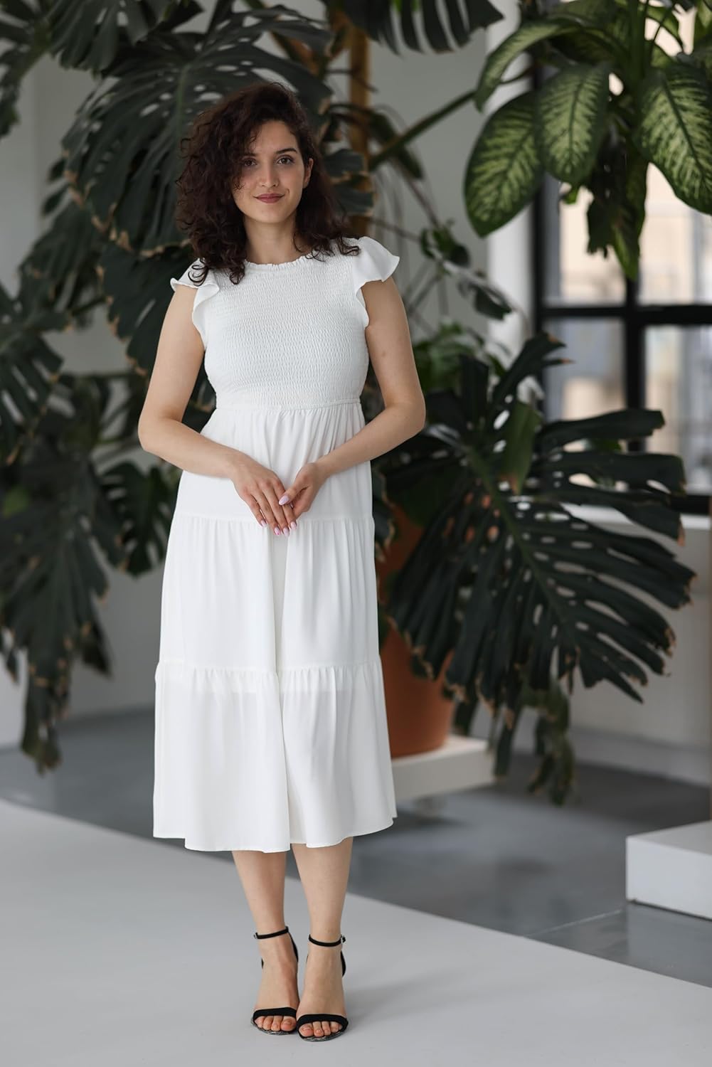 Holipick Casual Summer Dresses Women - Flutter Sleeves Crew Neck Smocked High Waist Tiered A-Line Midi Dress - Image 4