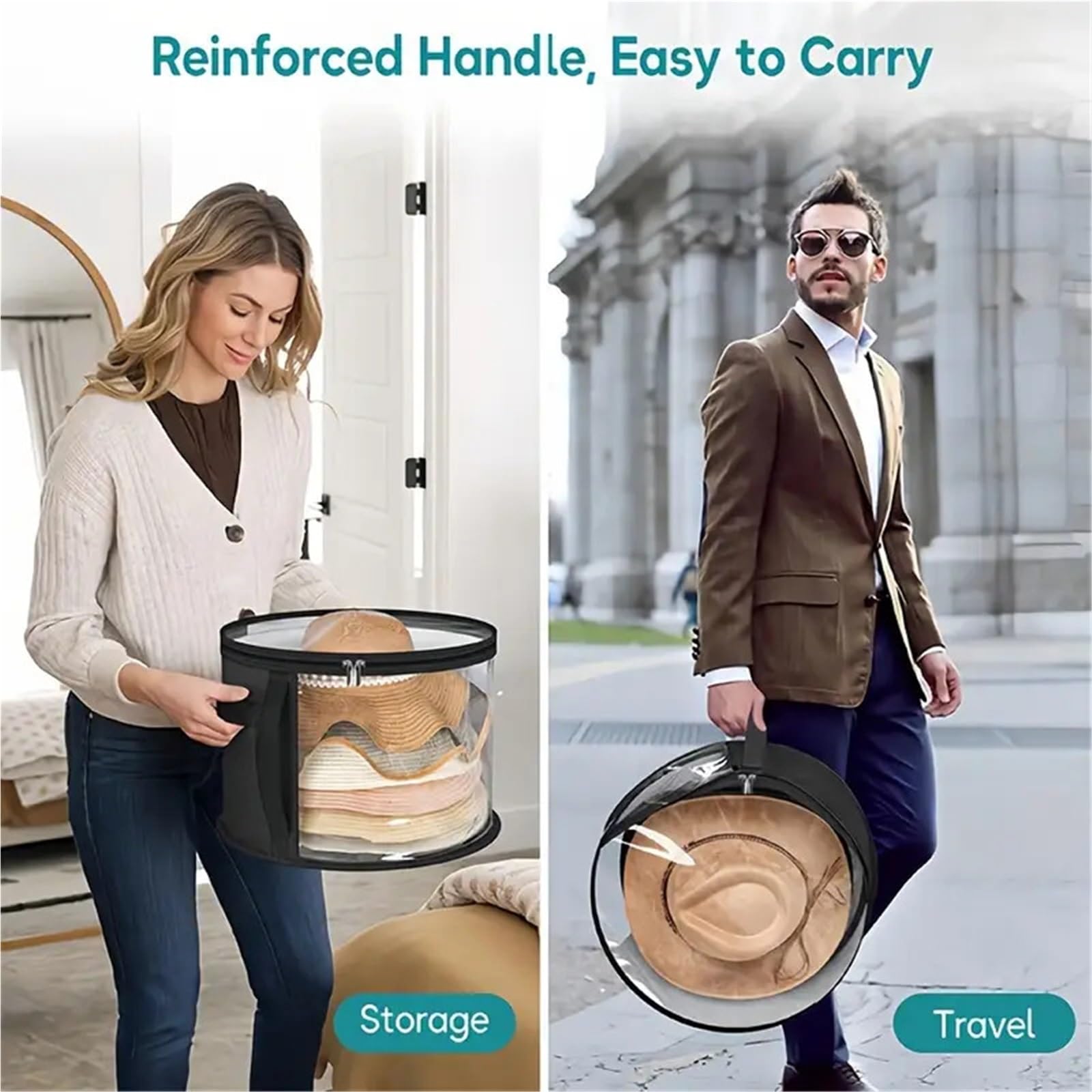 Cubo de almacenamiento no tejido, caja viaje con asa y cremallera portátil, bolsa for sombreros ropa Para Sombrero(Black)