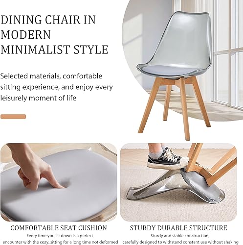Miniatura 6 de Juego de 4 sillas de comedor transparentes, sillas de cocina modernas con cojines de piel sintética y patas de madera, silla de cena acrílica para