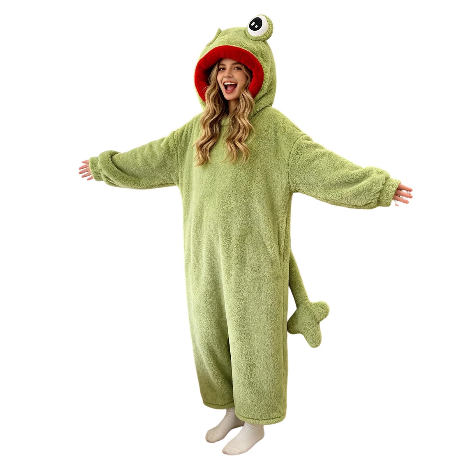 Genérico Pijama de Monstruo Verde para Mujer Hombre, Mono con Capucha de Franela, Pijama de Cuerpo Entero Acogedor con Bolsillos, Otoño Invierno Disfraz Dormir Unisex para Hogar y Halloween