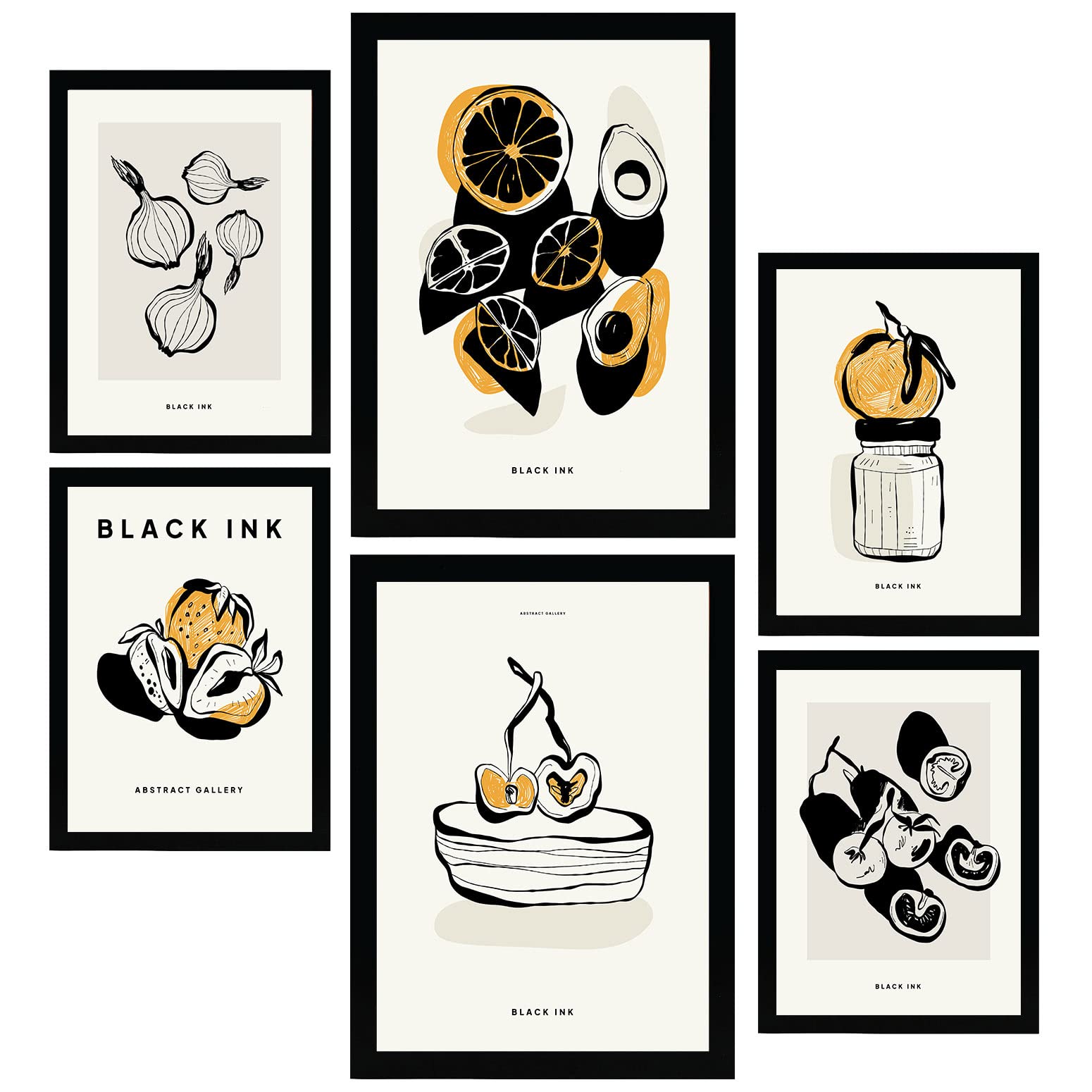 Nacnic Set de 6 Posters en Tinta Negra. Tentempié. Láminas Artísticas y Abstractas para el Diseño y Decoración de Interiores. Tamaños A3 & A4, sin marcos.