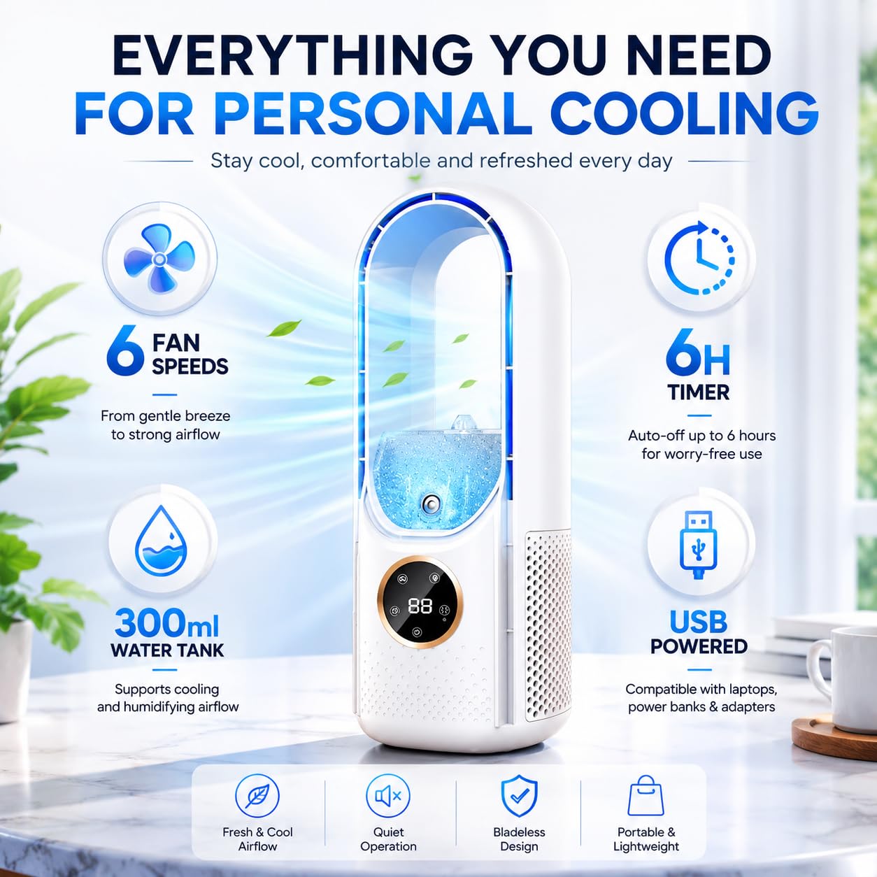 Przenośny klimatyzator, chłodziarka wyparna, osobisty mini wentylator USB z 6 prędkościami, timer 6H i zbiornik 300 ml, cicha, bezłopatkowa chłodnica powietrza na biurko, do domu, biura, sypialni