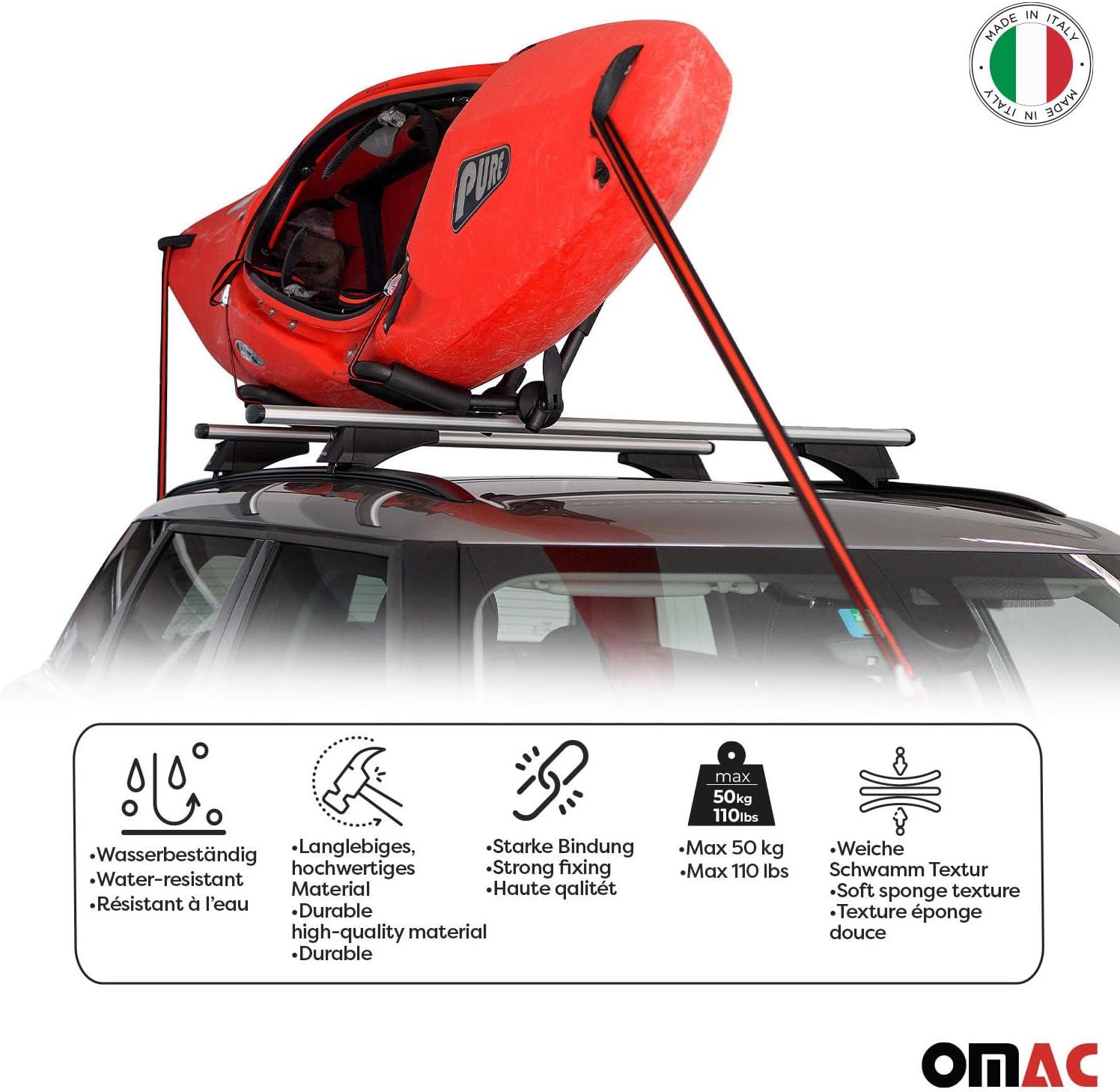 OMAC Canoe, Boat, Surf, Kayak Roof Rack J-Style Bar, Rooftop Mount Carrier, 2 Pieces, fits SUV Car and Truck, Universal Fit, Black