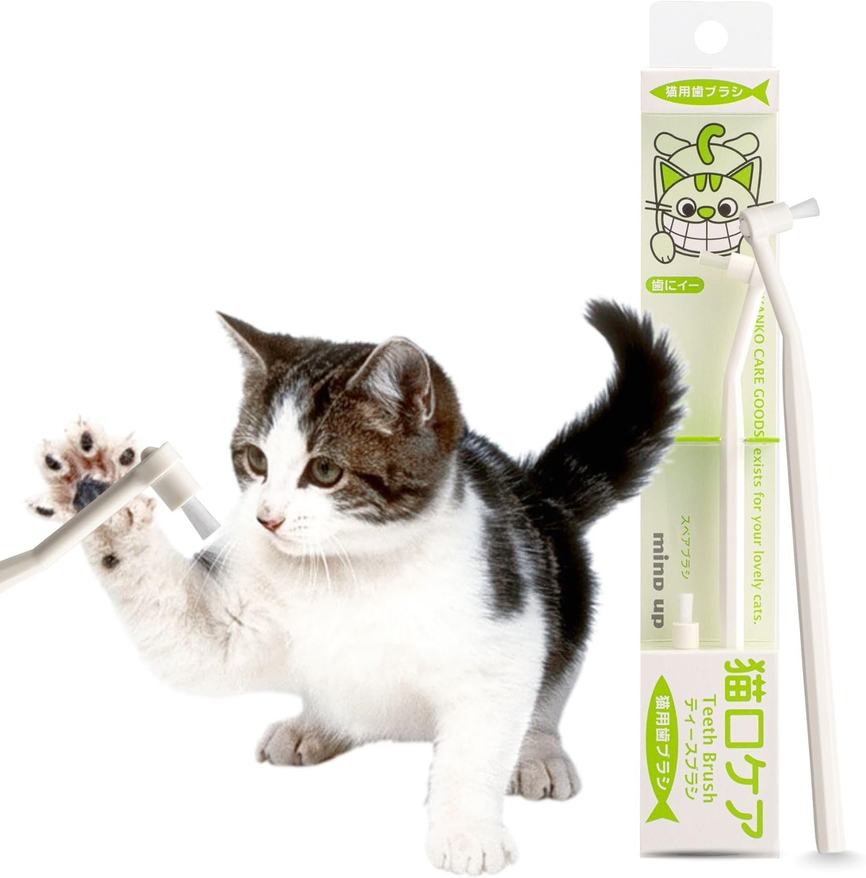 MIND UP Cat Toothbrush with Detachable Head, 15° Angled Handle for Comfortable Brushing, Includes Spare Brush Head, Cat Dental Care Toothbrush for Cat Teeth Cleaning, Made in Japan