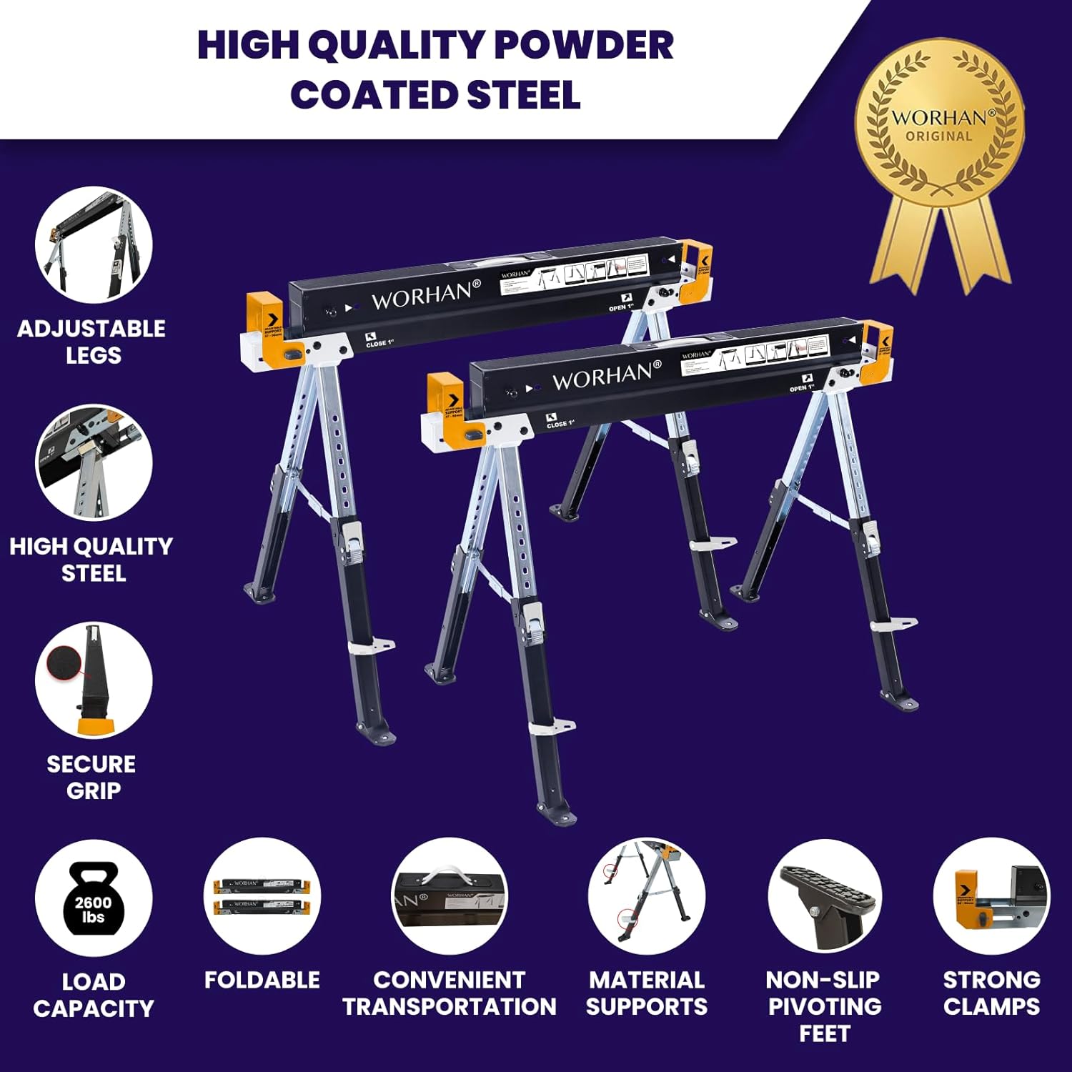 Sawhorse Twinpack 2600 lbs Jobsite Table Folding Quickly Adjustable Legs Support Arms Sawing Non Slip Trestle Sawmule Steel Workbench S600A