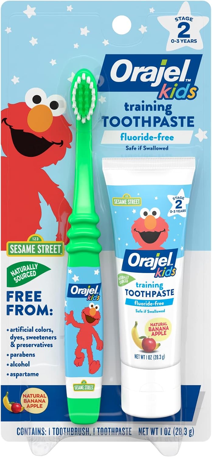 Orajel Elmo Fluoride-Free Tooth & Gum Cleanser with Toothbrush, Combo Pack, Banana Apple Flavored Non-Fluoride, 2 Piece Set