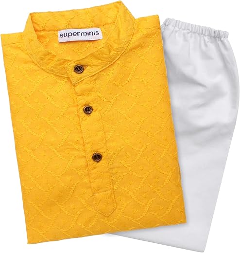 superminis Baby Boys Ethnic Wear Colored Cotton Chikankari Kurta, Round Collar, Full Sleeves With White Pyjama