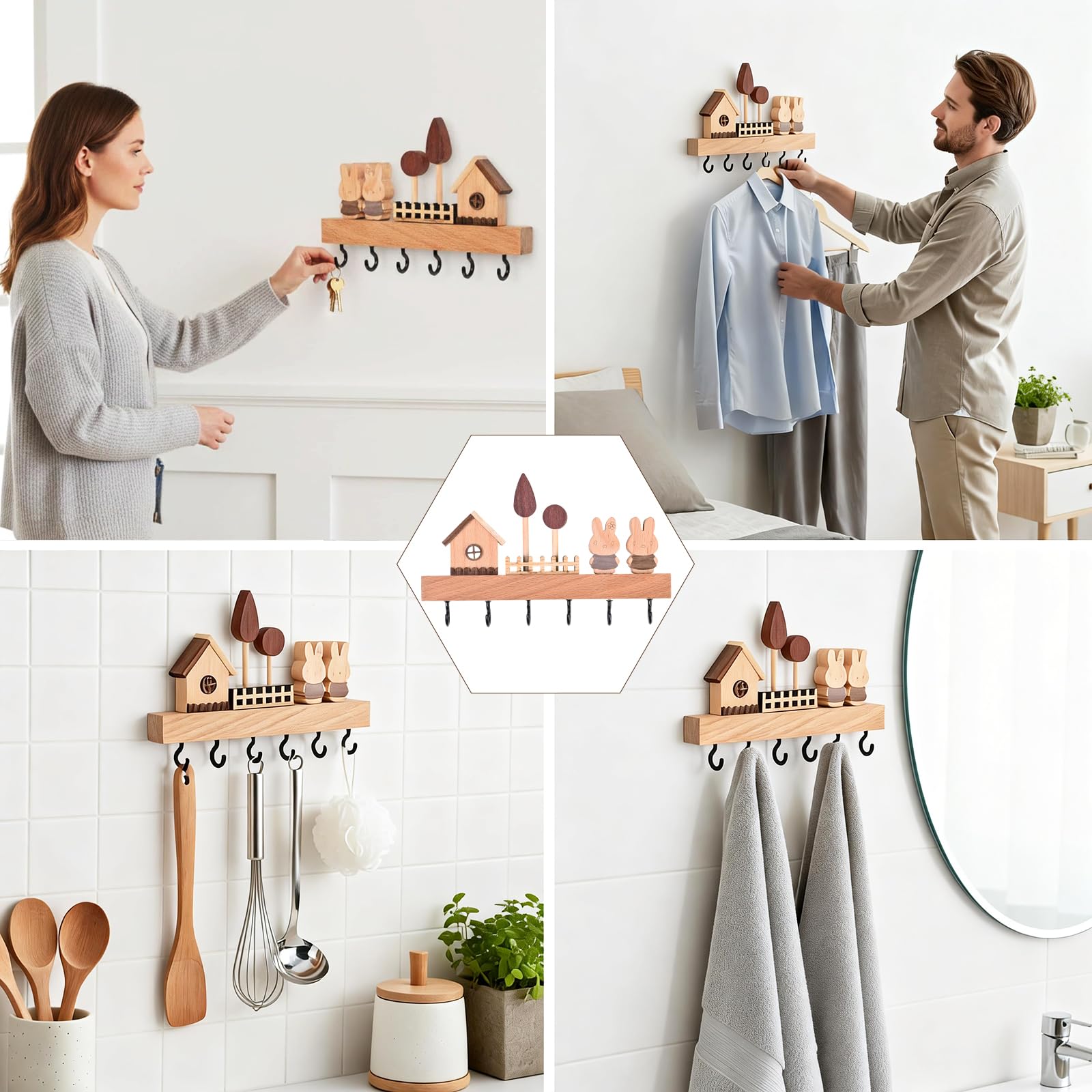 Portachiavi da Parete In Legno con 6 Ganci Rivestiti, Appendi Chiavi a Muro e Funzionale, Installabile Senza Chiodi con Colla Adesiva o con Foratura, Ideale per Casa, Ufficio