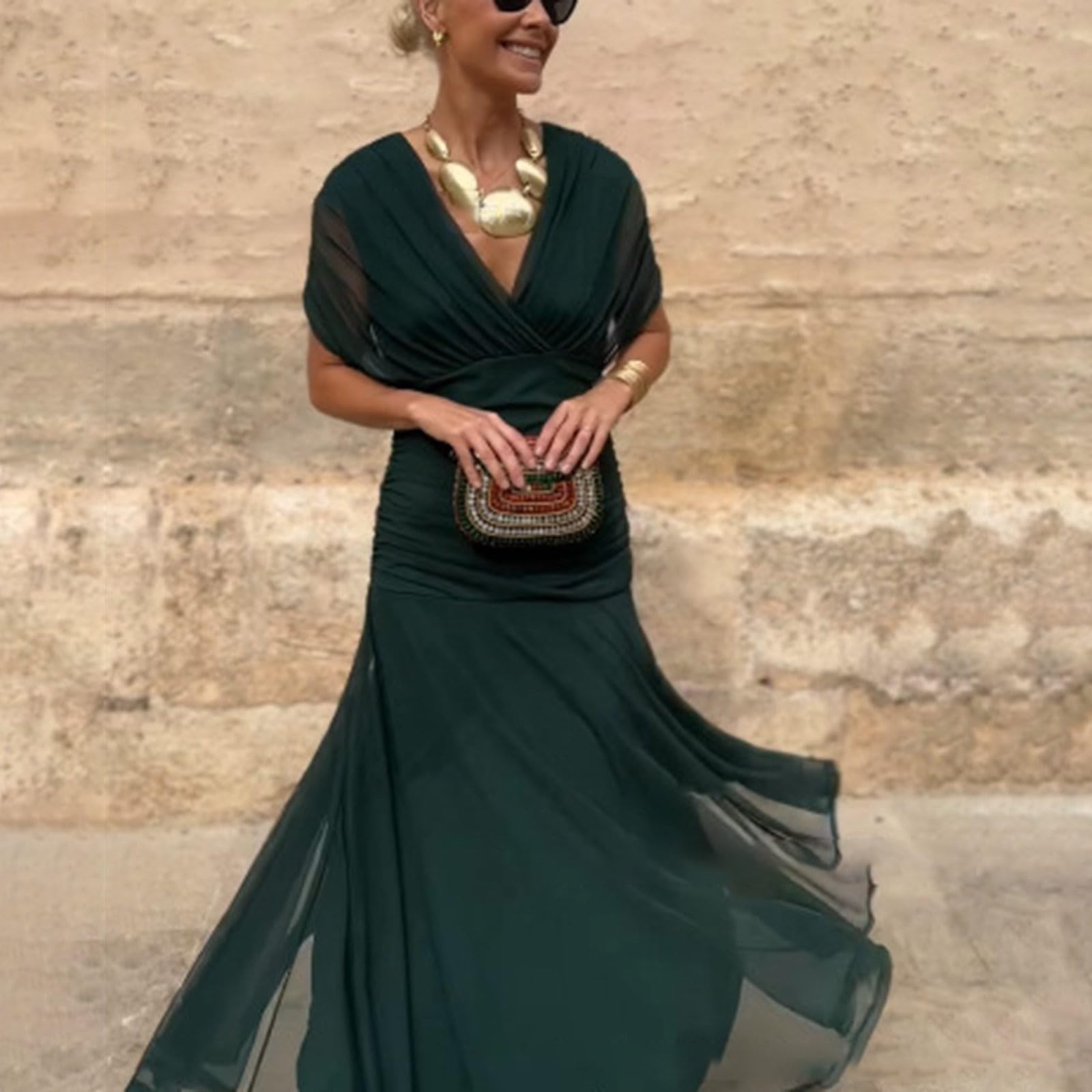 Abito estivo da donna, elegante, lungo, in chiffon, con scollo a V, abito da damigella d'onore, sciancrato, elegante, in tulle, leggero, arioso, linea ad A, abito da sera