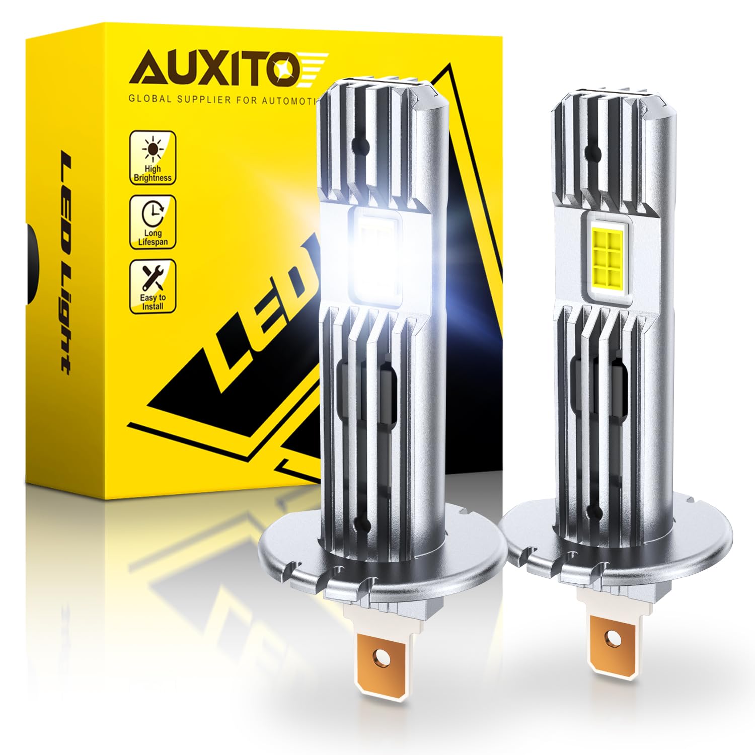 AUXITO H1 LED Headlight Bulb, 600% Brightness 6500K White, 1:1 Mini Size No Adapter Required, Non-Polarity, Fanless Conversion Kit for H1LL Headlights Hi/Lo Beam Fog lights, Plug and Play, Pack of 2