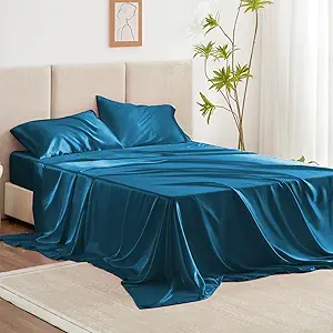 Love's cabin Satin King Sheet Sets - 4 Piece Teal Silky Sheets King Size Bed Set with Deep Pocket, Luxury Silk Feel King Size Satin Sheet Set (1 Flat Sheet,1 Fitted Sheet,2 Pillow Cases)