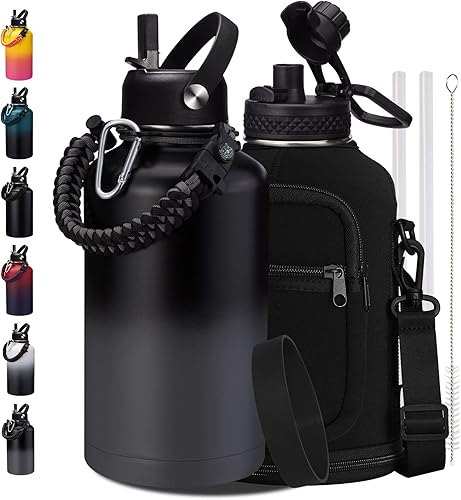 Botella de agua deportiva aislada de 64 onzas, botellas de agua grandes de acero inoxidable de medio galón, 64 onzas, a prueba de fugas, doble