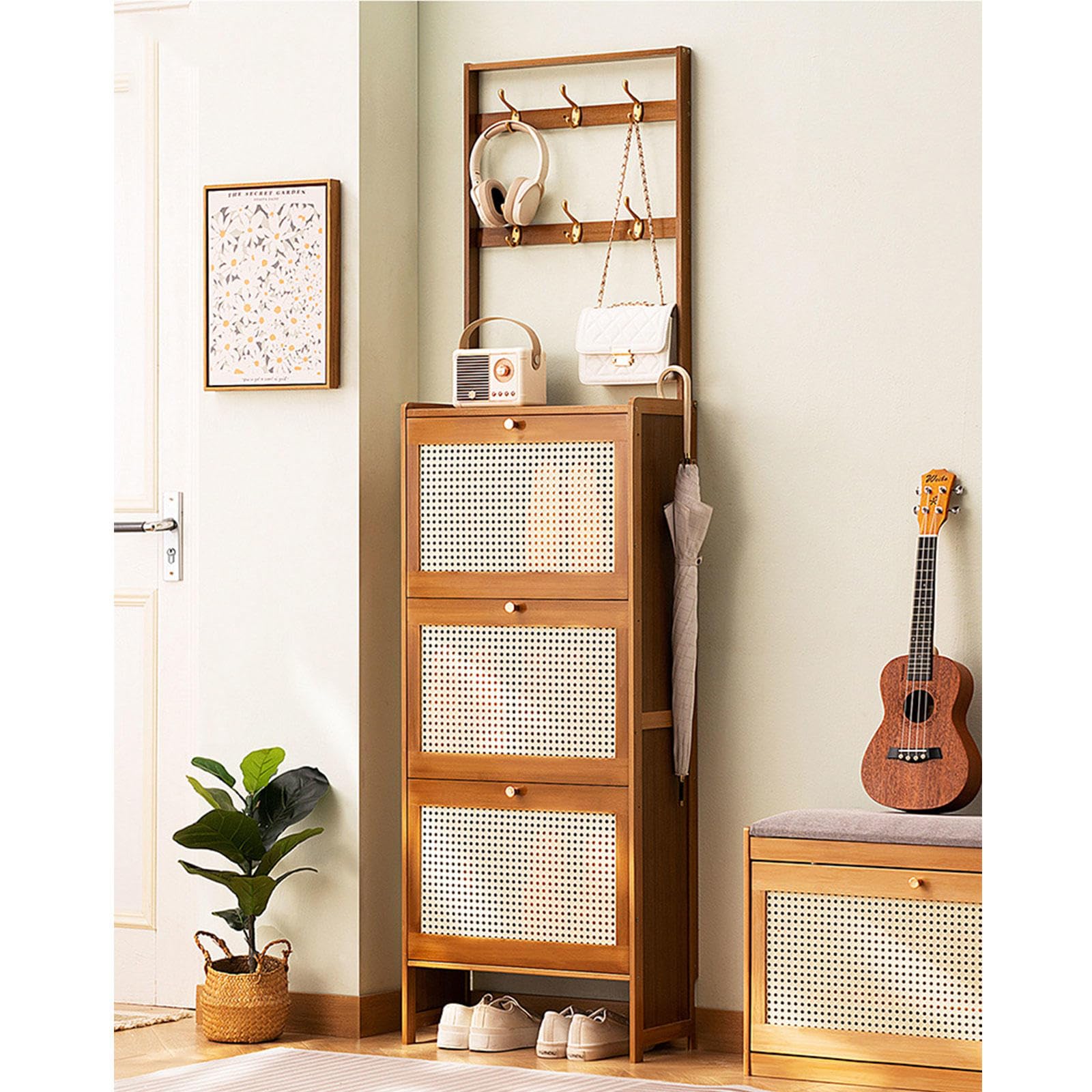 LMYSXAOZ Slim Bamboo Shoe Storage Cabinet with Hooks - 2-in-1 Freestanding Organizer & Coat Rack for Entryway, Narrow Foyer Hallway 50x24x186cm