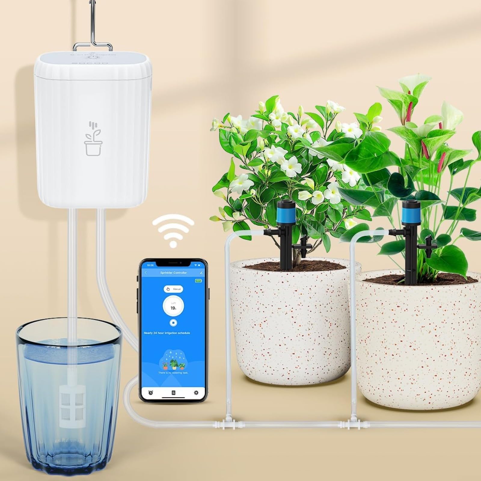 Sistema di irrigazione intelligente WiFi per irrigazione a goccia per interni ed esterni, timer con gocciolatori regolabili e batteria ricaricabile