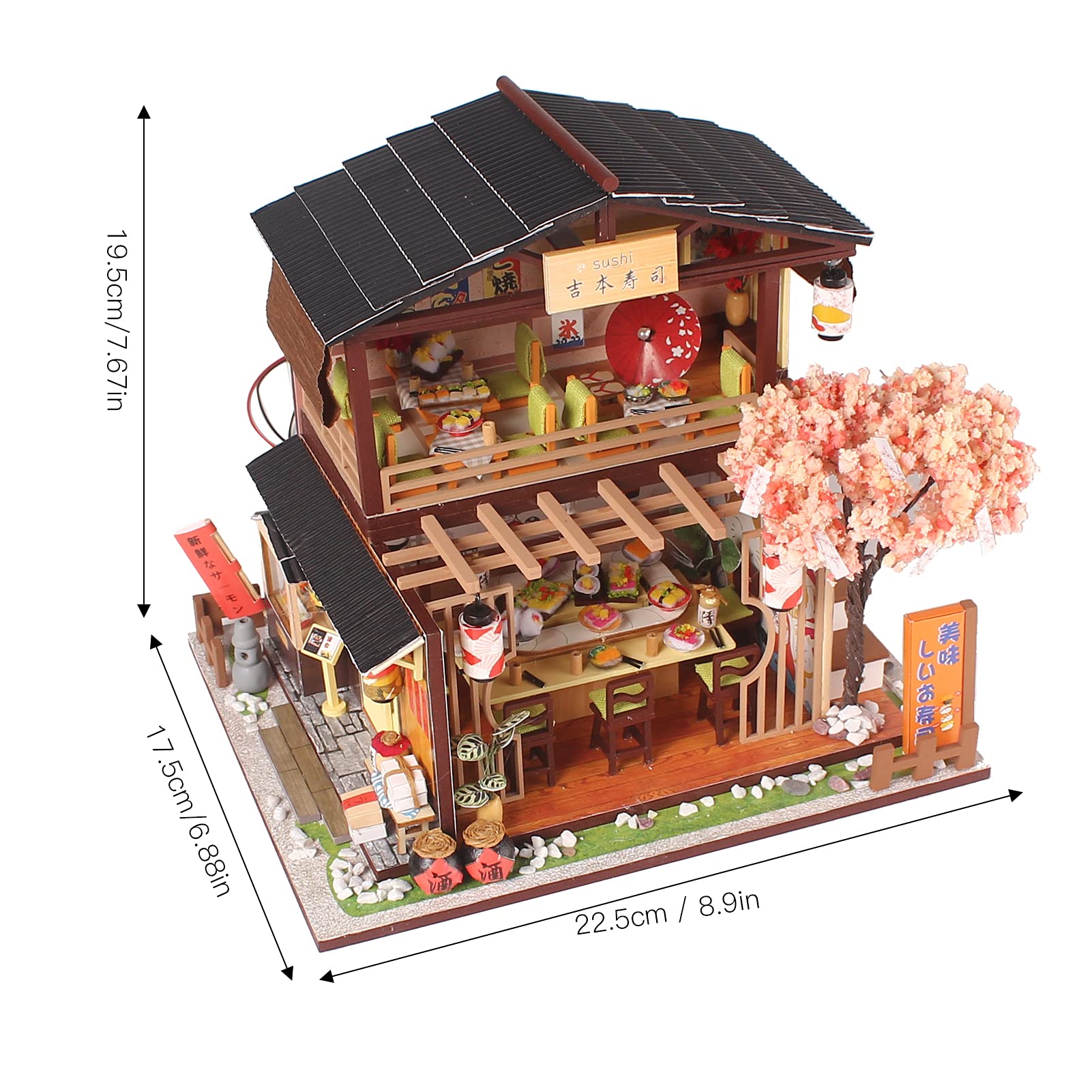DIY Miniaturowy Zestaw Domowy, Drewniany DIY Sklep z Sushi Model Sklep z Jedzeniem i zabawą kreatywność Japońska Dioda LED montaż Rękodzieło Zabawka Miniaturowe Zestawy Domowe