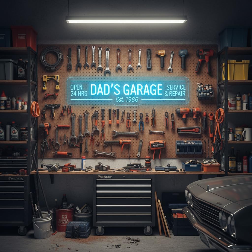 Custom Dad’s Garage LED Sign, Personalized Wall Decor for Man Cave Auto Repair Shop, Workshop Tool Room Light, Gift for Dad Father Men