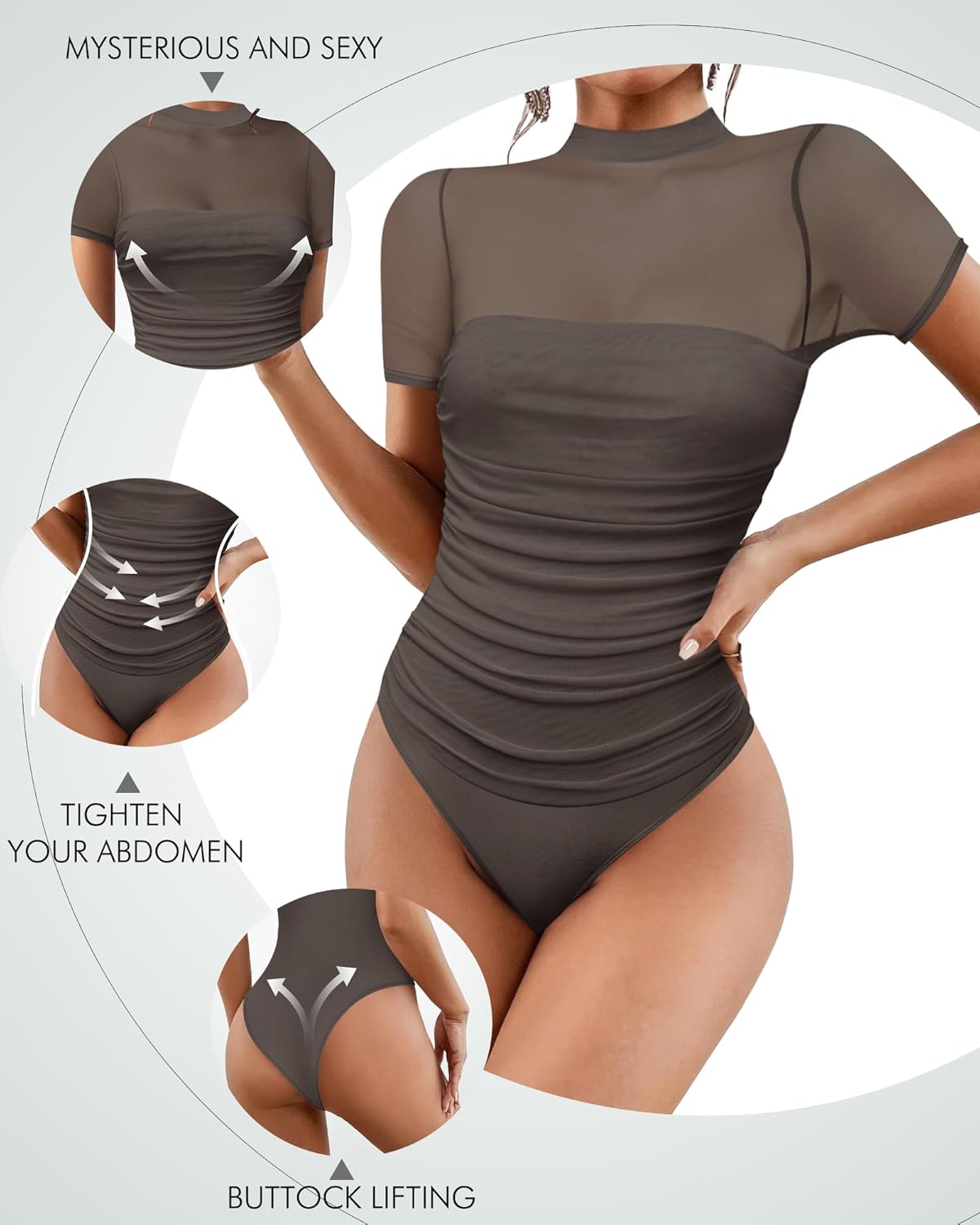 Women's Mesh Sexy Mock TurtleNeck Bodysuits Short Sleeve Shirt Ruched Sheer Body suit Summer Trendy Going Out Tops - Image 2