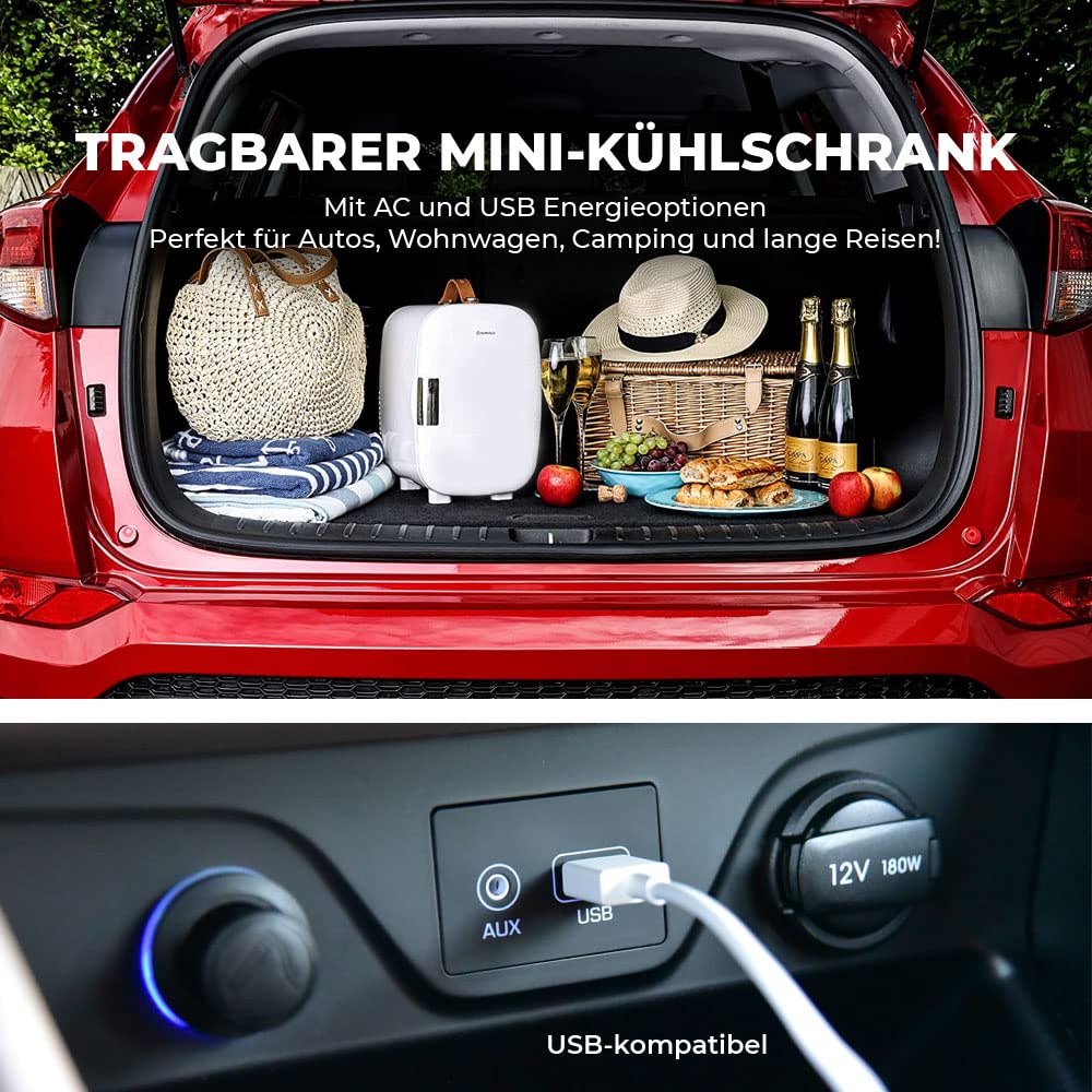 Subcold Pro4 Luxus Mini Kühlschrank Kühler | 4 Liter / 6 Dosen | AC und exklusive USB Power Option | Tragbarer, kleiner, für Büro, Schlafzimmer, Auto, Reisen, Hautpflege & Kosmetik (Weiß)