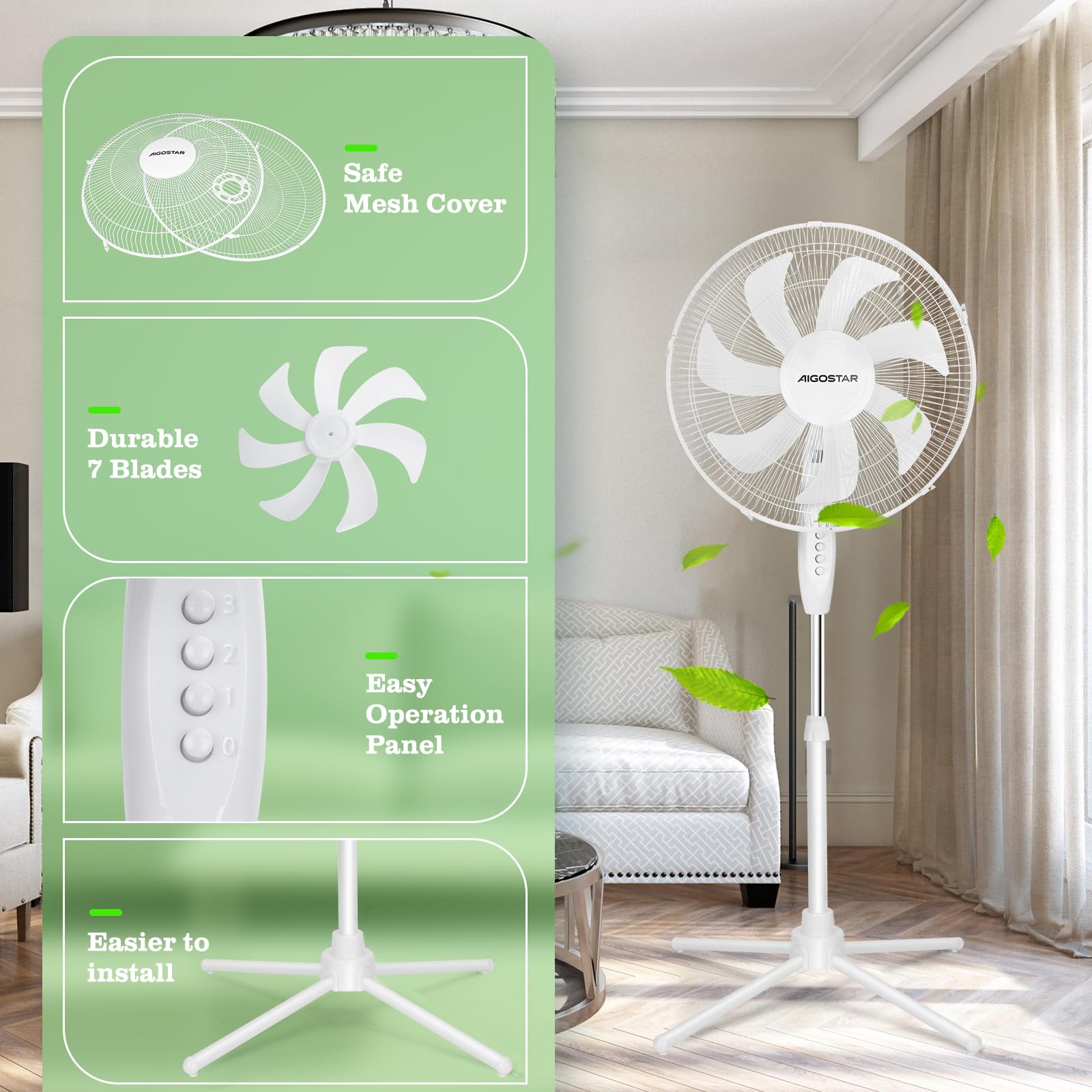 Aigostar Erika - Ventilatore a Piantana Silenzioso 55W,Bianco | Fan con 7 pale, diametro 41 cm, 3 velocità, oscillazione, altezza regolabile 108-130 cm