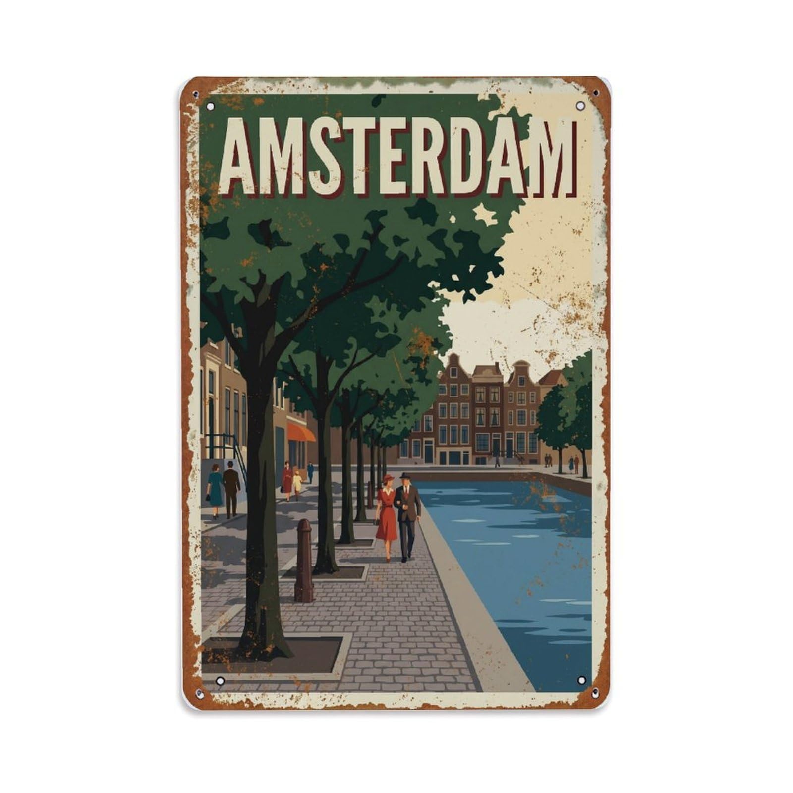 Vintage Travel Esplanade Netherlands Tree-lined Metal Tin Sign Plaque Wall Decor for Cafe, Club Bar, Office, Home Garden Metal Poster 8x12Inch