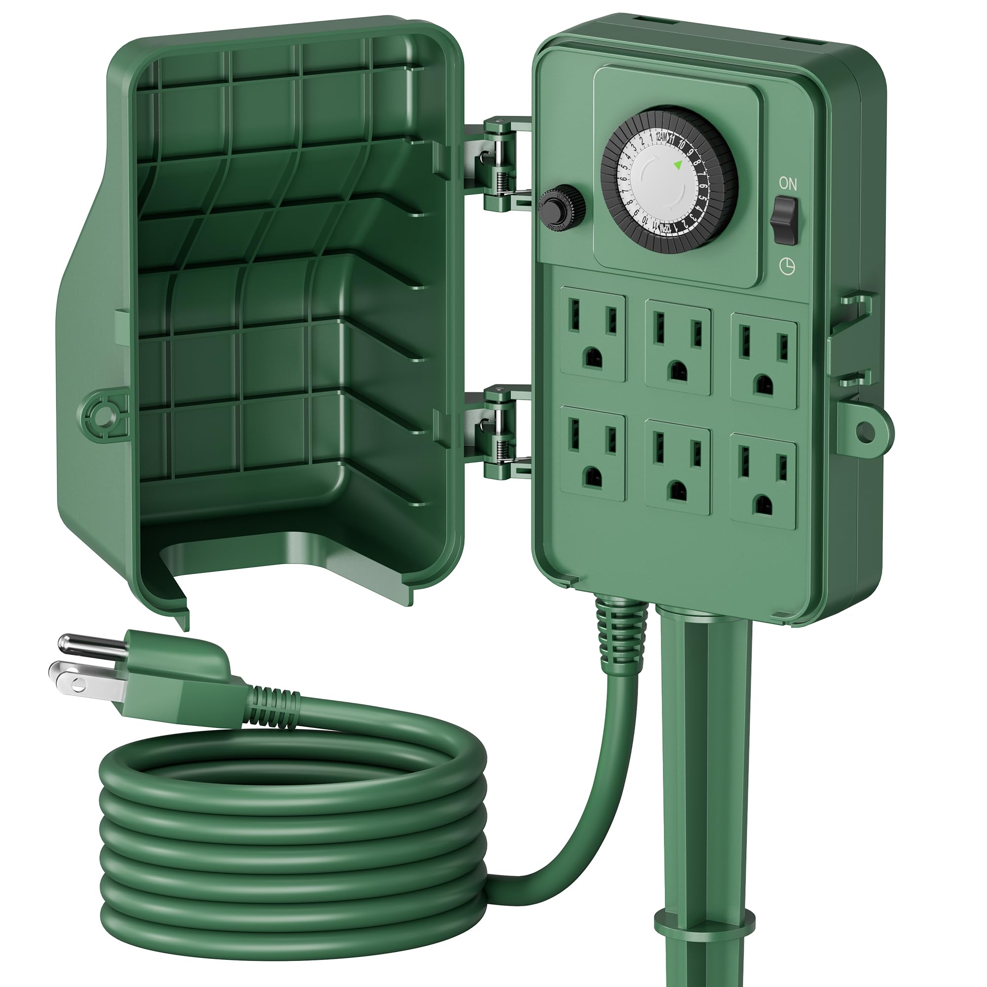 BN-LINK Outdoor Power Stake Timer Waterproof, 24-Hour Mechanical Timer with 6 Grounded Outlets, 6FT Extension Cord for Halloween/Christmas Decor Lights, ETL Listed