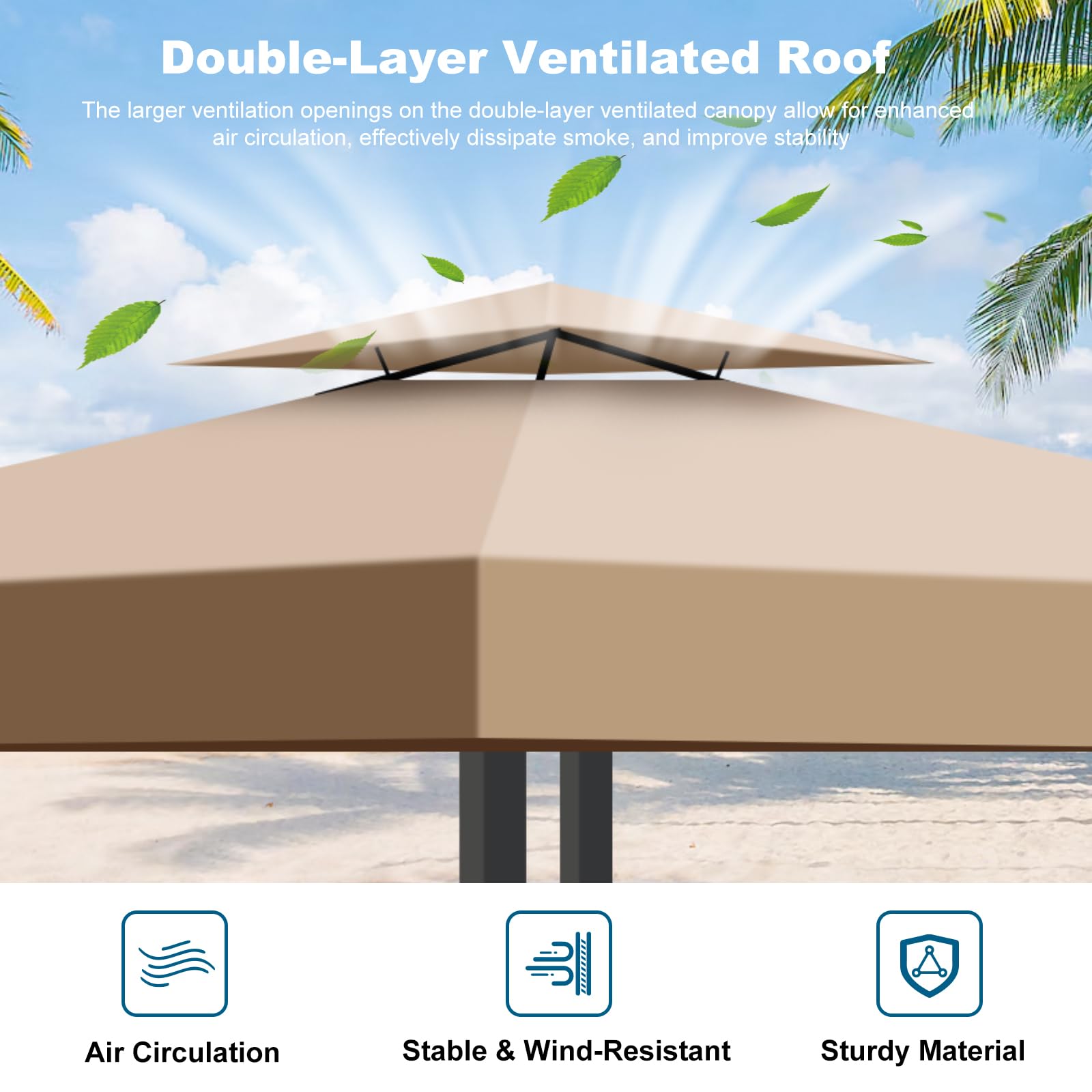 Pavillon Ersatzdach 3x3m Wasserdicht – Doppeldach mit Air Vent, UV-beständig, Winterfest, Stabil – Pavillondach Ersatzzeltdach für Garten, Camping, Grillen (300D Polyester), Khaki