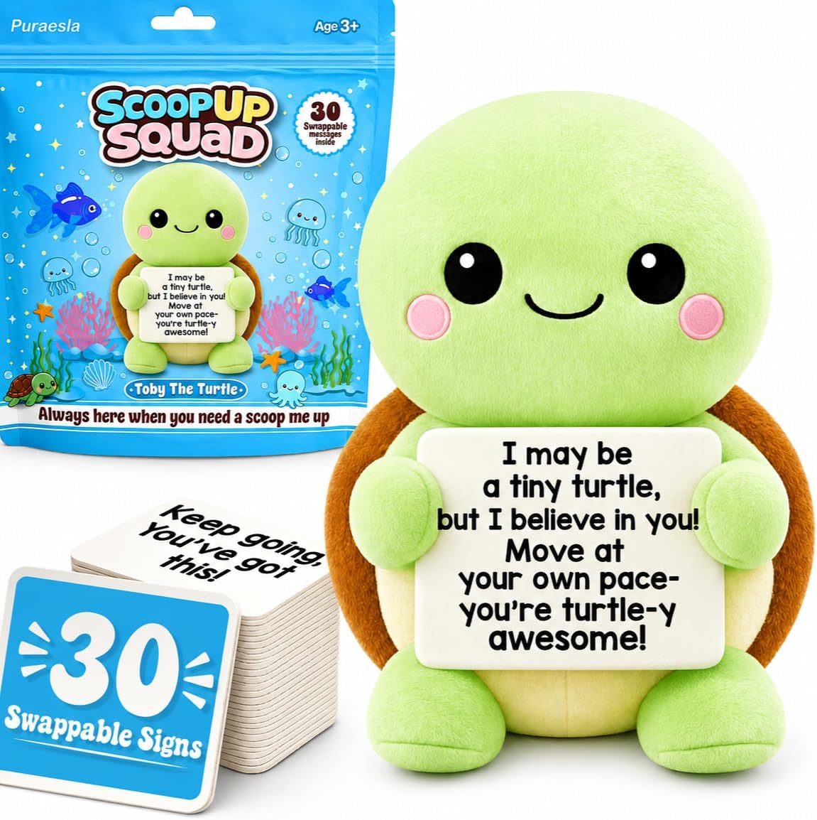 Puraesla Funny Turtle Plush, Positive Squishy Plushie Affirmation Gift with 30 Cute Messages, Soft, Stress Relief Relaxing, Birthday Appreaciation Desk Pet for Friends, Family, Coworker