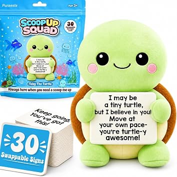 Puraesla Turtle Plush, Positive Squishy Plushie Affirmation Gift with 30 Cute Messages, Emotional Support, Stress Relief Relaxing, Birthday Appreaciation Desk Pet for Friends, Family, Coworker