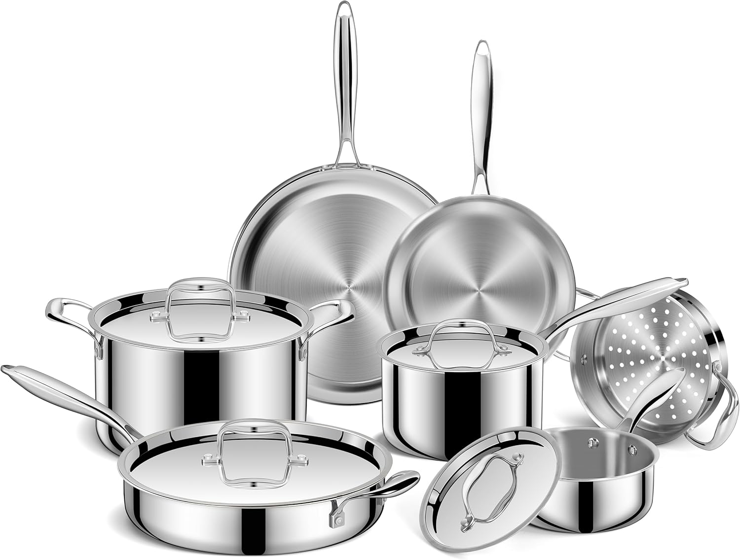 EWFEN Pots and Pans Set, 3 Ply 11 Piece Stainless Steel Cookware Set, Oven Dishwasher Safe | Induction Compatible Frying Pans, Saucepans, Saute Pan & Stock Pot, PFOA Free Kitchen Skillet EWFEN Pots and Pans Set, 3 Ply 11 Piece Stainless Steel Cookware Set, Oven Dishwasher Safe | Induction Compatible Frying Pans, Saucepans, Saute Pan & Stock Pot, PFOA Free Kitchen Skillet