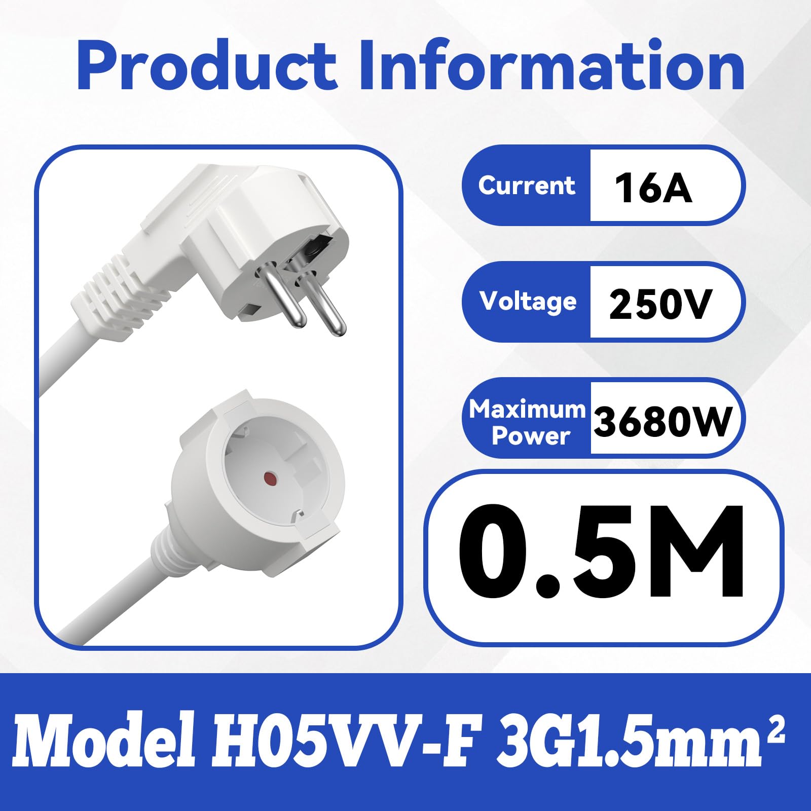 Rallonge Schuko IP20 250V 16A 3680W H05VV-F3G 1,5 mm² 0,5 m Blanc