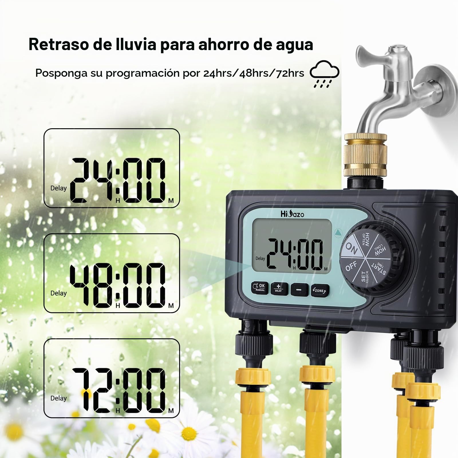 Temporizador de Riego 4 Salidas, Programador riego automatico 4 Programas Independientes, Función Retardo Lluvia, IP54 Resistente al Agua para Jardín, Césped, Invernadero