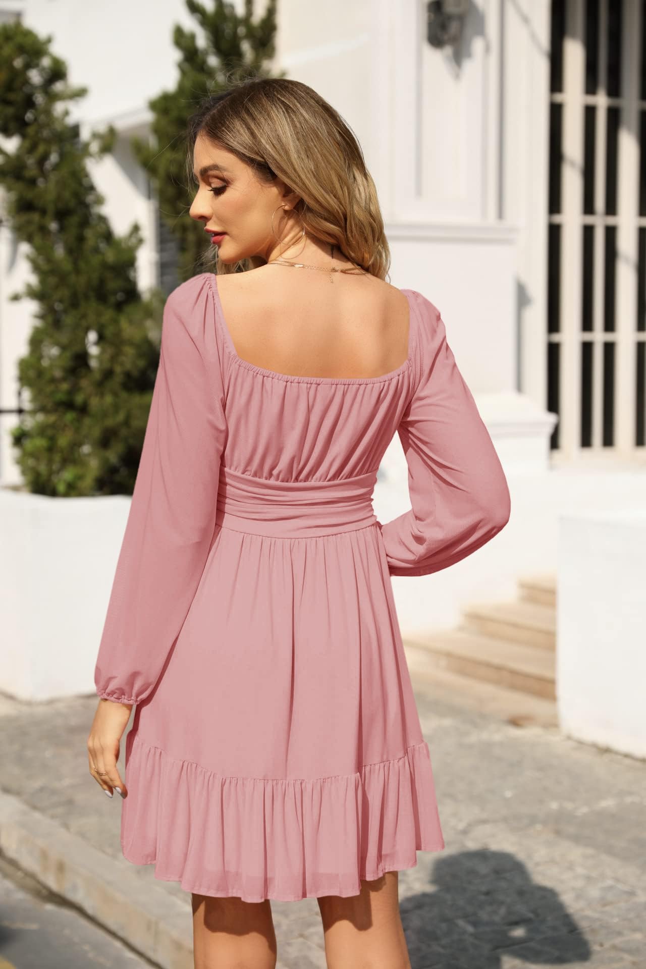 Imily Bela Robe de soirée pour femme - Col carré - Mini robe en maille - Taille haute - Plissée - Manches longues - Invité de mariage - Avec volants