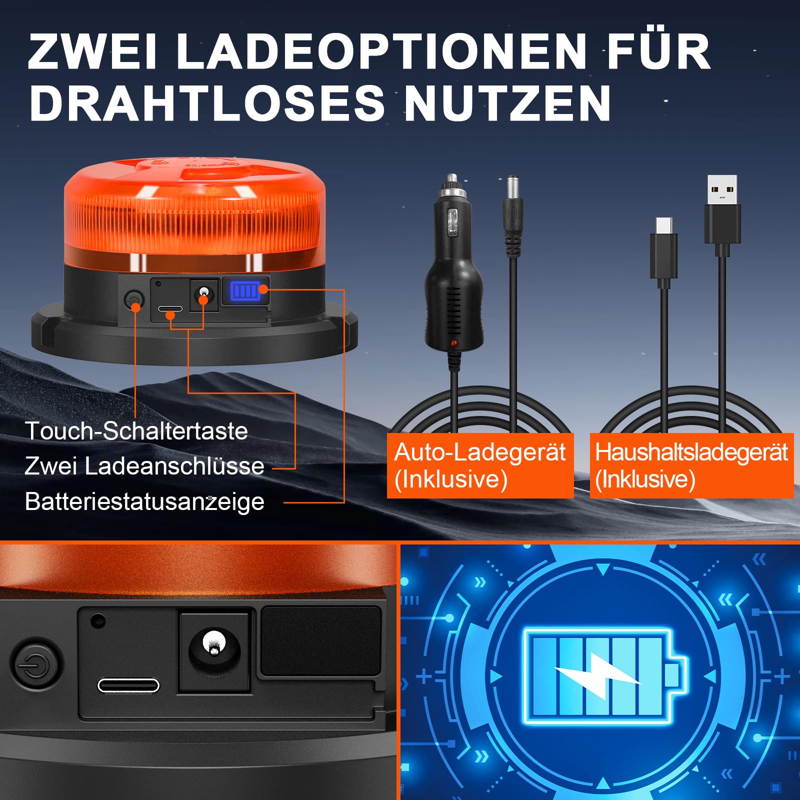 AnTom Rundumleuchte Akku mit Akkustandanzeige 9 Blitzmuster LED Rundumleuchte 12V Magnet Warnleuchte Gelb Autoladekabel und USB-Kabel für Auto Traktor SUV