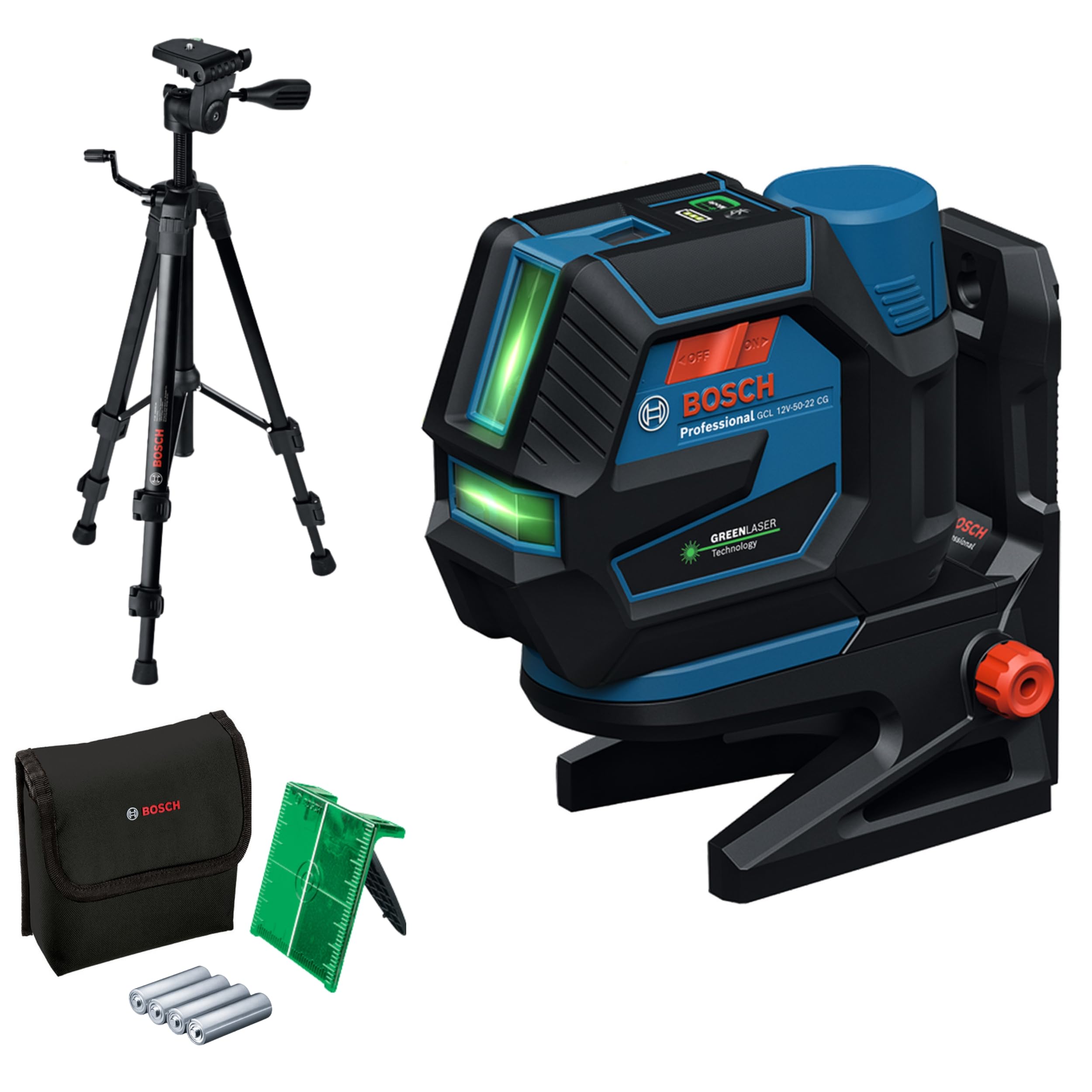 Bosch Professional Combi Laser GCL 12V-50-22 CG (Working Range up to 50 m with Receiver, Dual Power Source, Levelling Remote app, RM 20 Mount, Battery Adapter, 4 x 1,5V LR6 (AA), Pouch, BT 150)