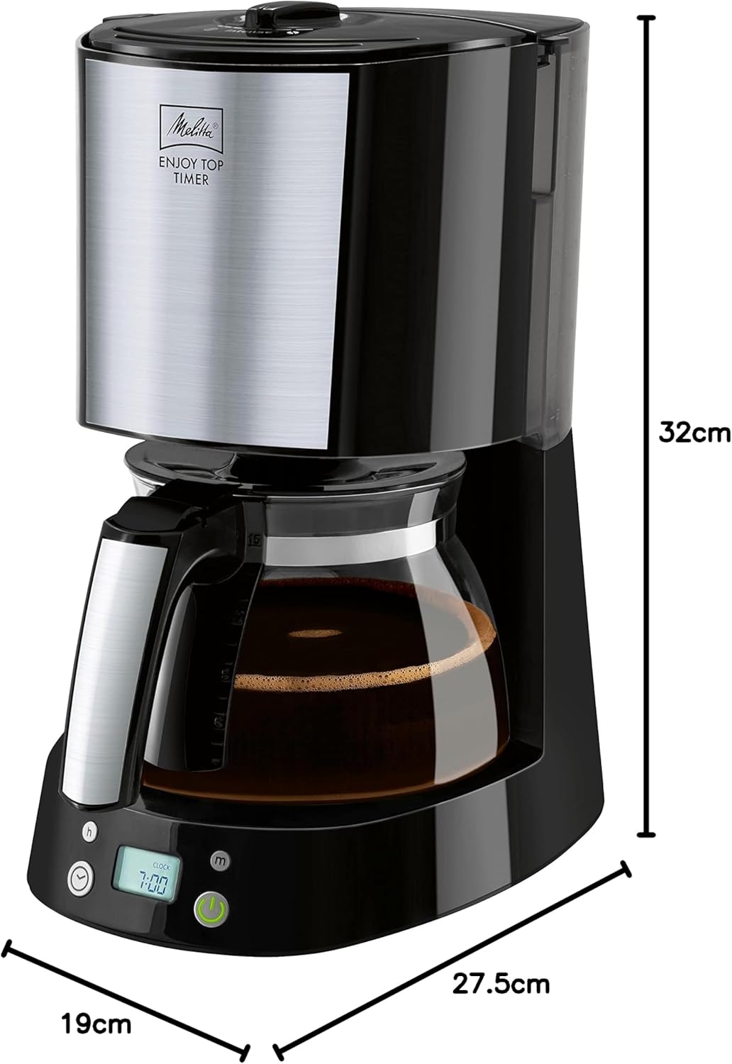 Dimensions of the Melitta Enjoy Top Timer coffee machine.