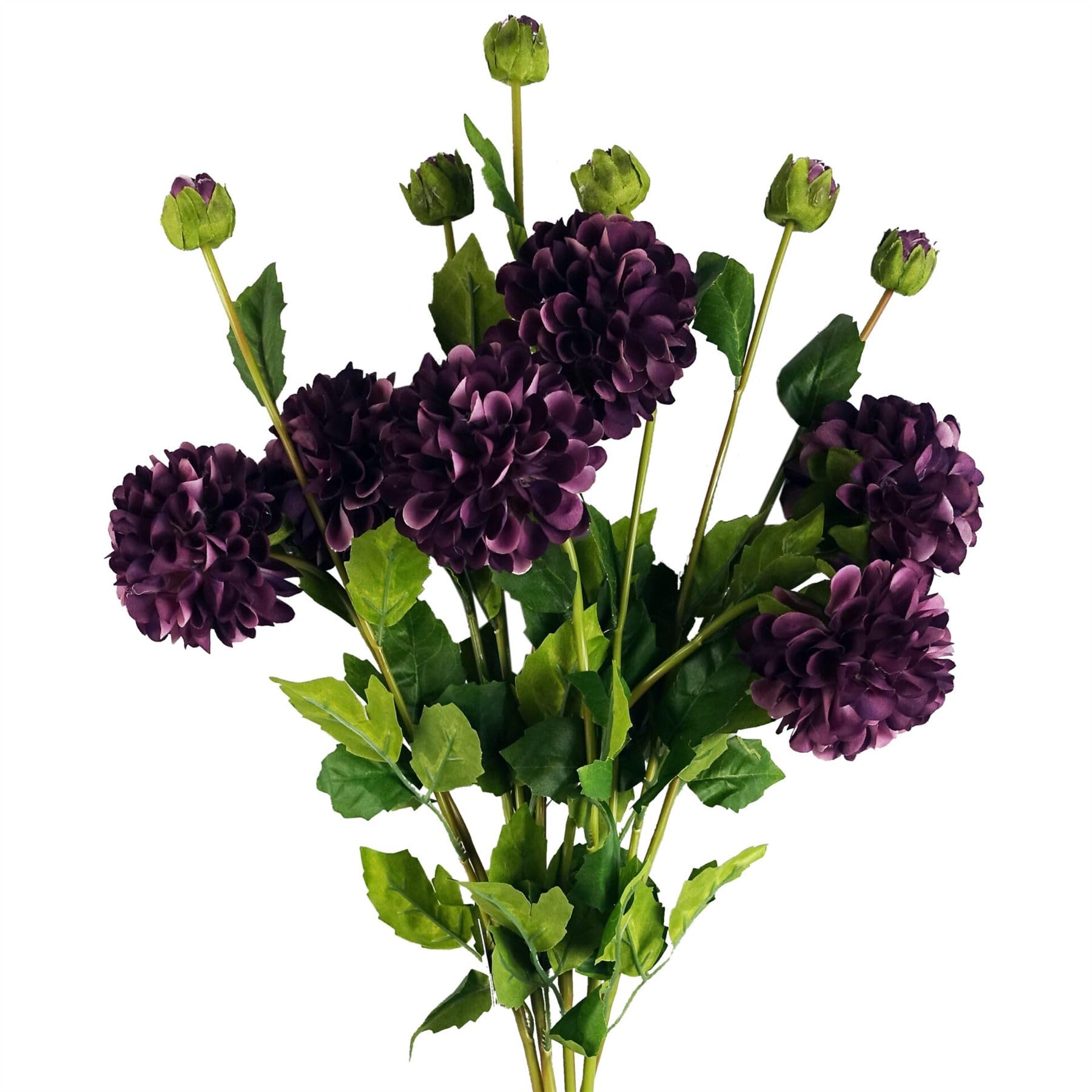 Leaf Purple Dahlia Pom Pom Artificial Flower Stem - 75cm - Pack of 6