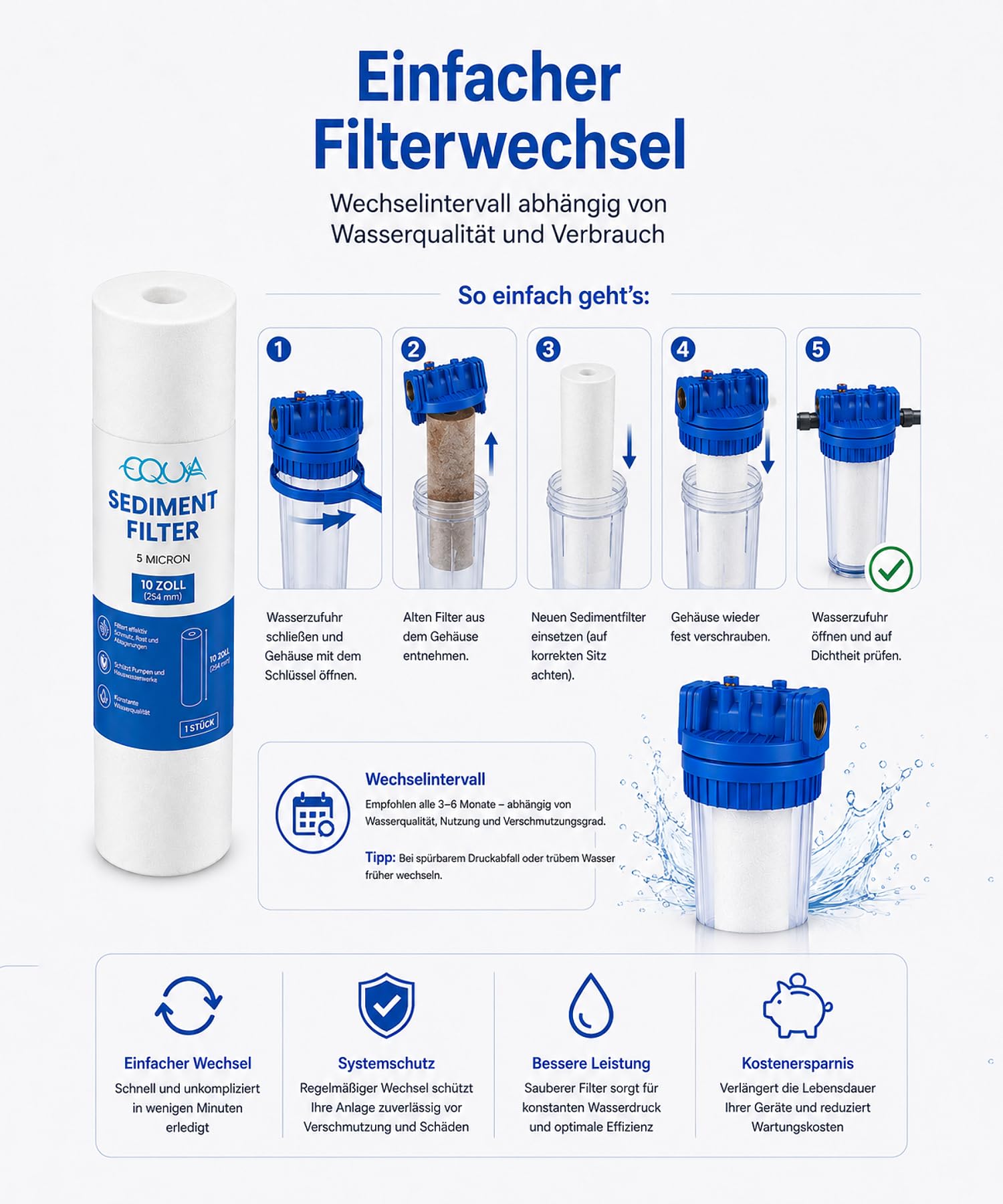 Sedimentfilter 10" für Umkehrosmose und Partikelfiltration 20 Micron 20 TLG | Wasserfilterkartusche entfernt Schmutzpartikel