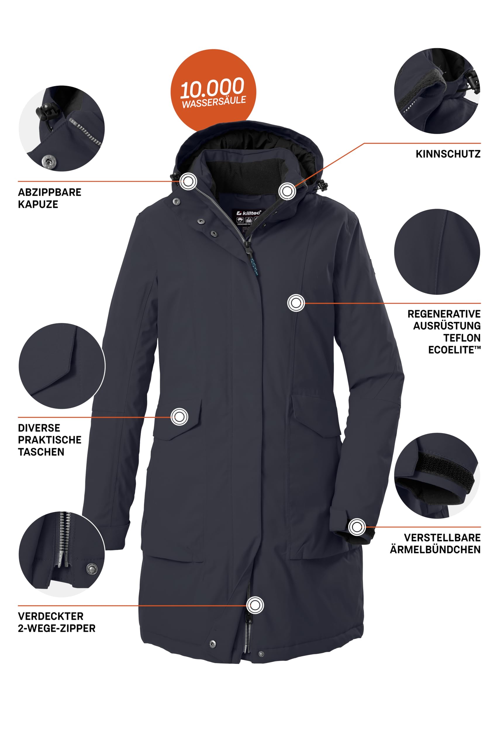 killtec Kobiety Parka/płaszcz wodoodporny z odpinanym kapturem Damen Funktionsparka, dunkelnavy, 40, 43284-000