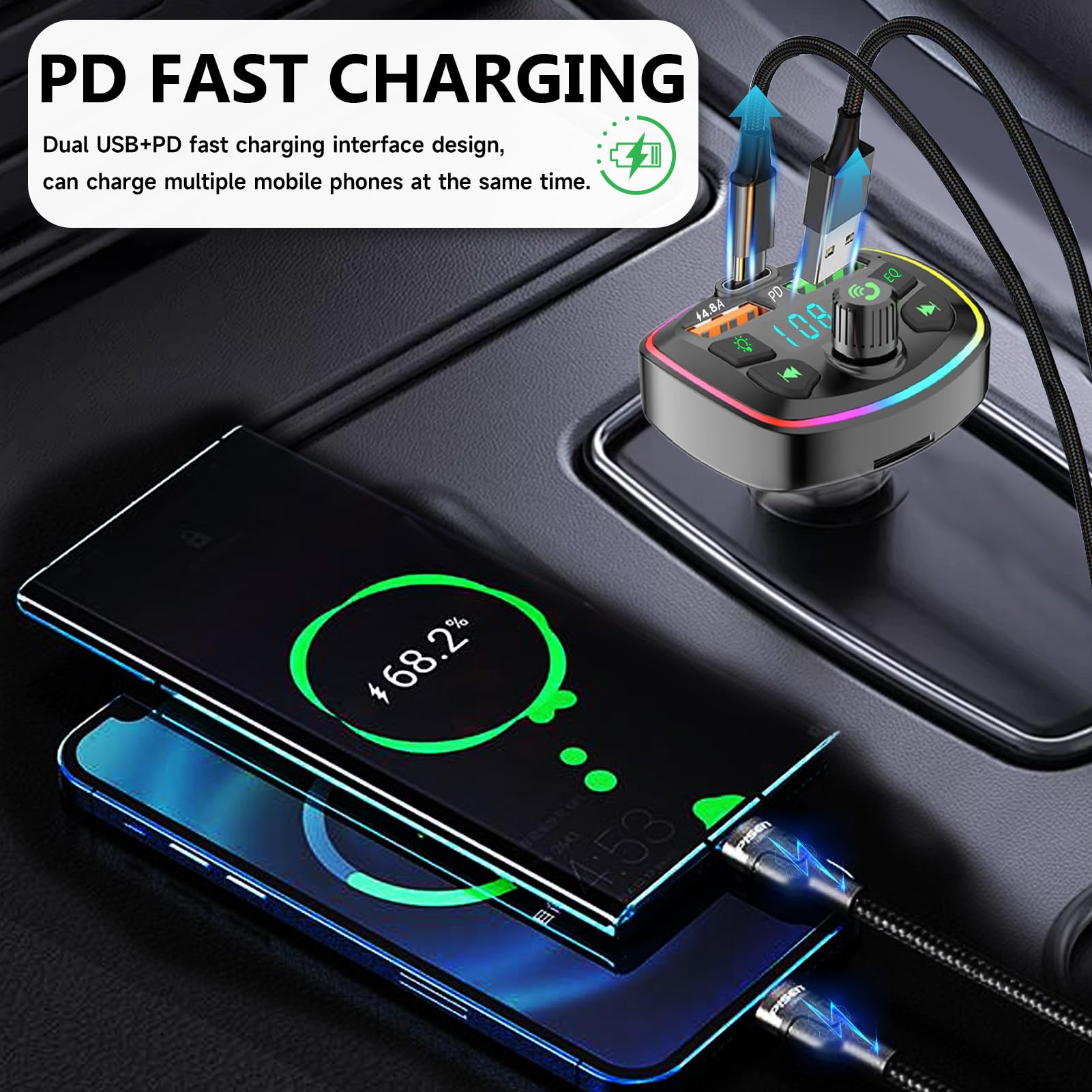 Transmetteur FM Bluetooth Voiture – Charge Rapide USB-C 18W, Appels Mains Libres, Lecteur MP3/USB/TF | Éclairage RGB, Compatible 12-24V - 9