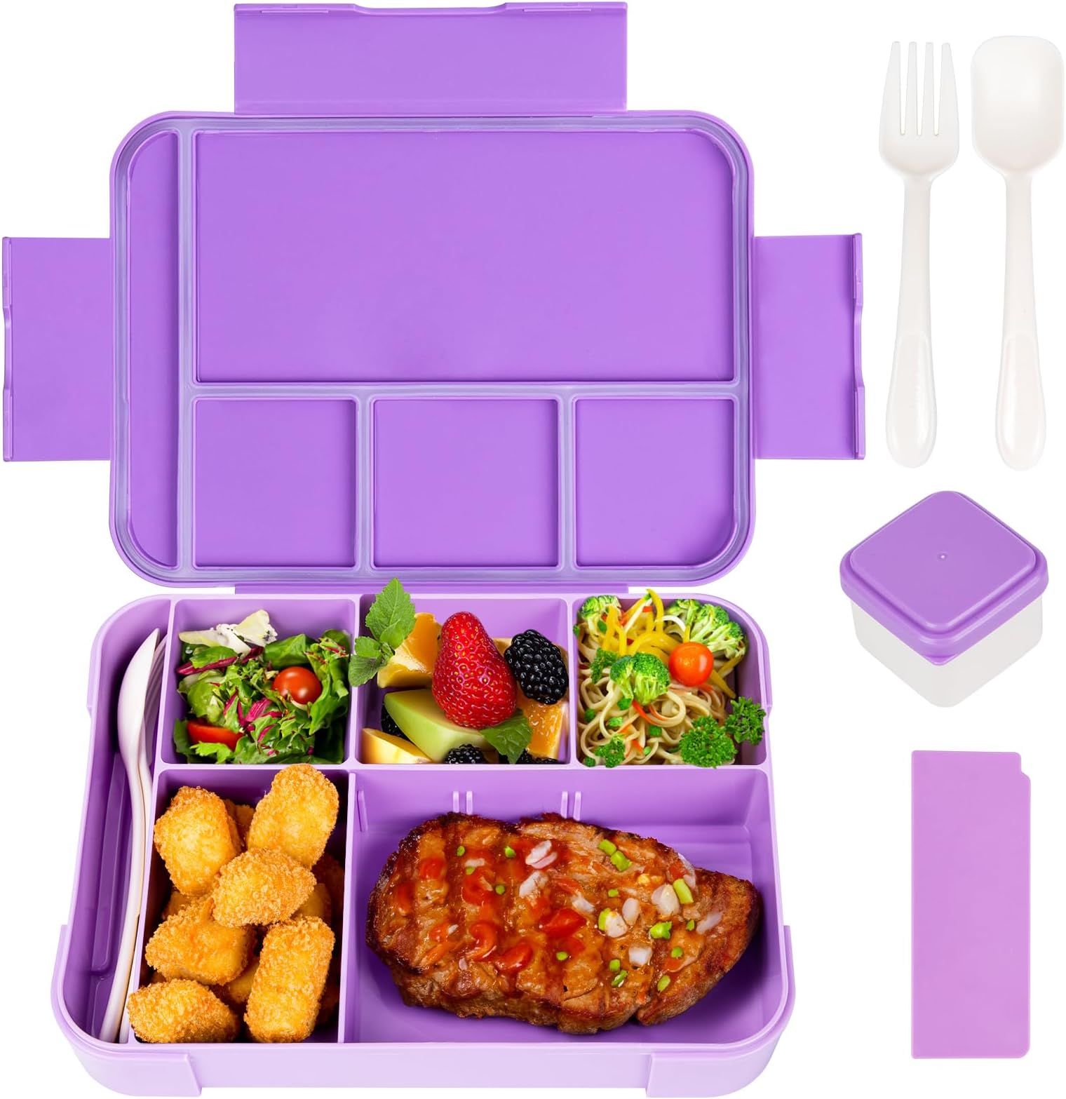 Bento Lunch Box for Kids, 1330ML Adult Lunch Box with 6 Compartment, Leakproof Snack Boxes with Utensil Sauce Dressing Containers, Reusable On-the-Go Meal and Snack Packing(Purple)